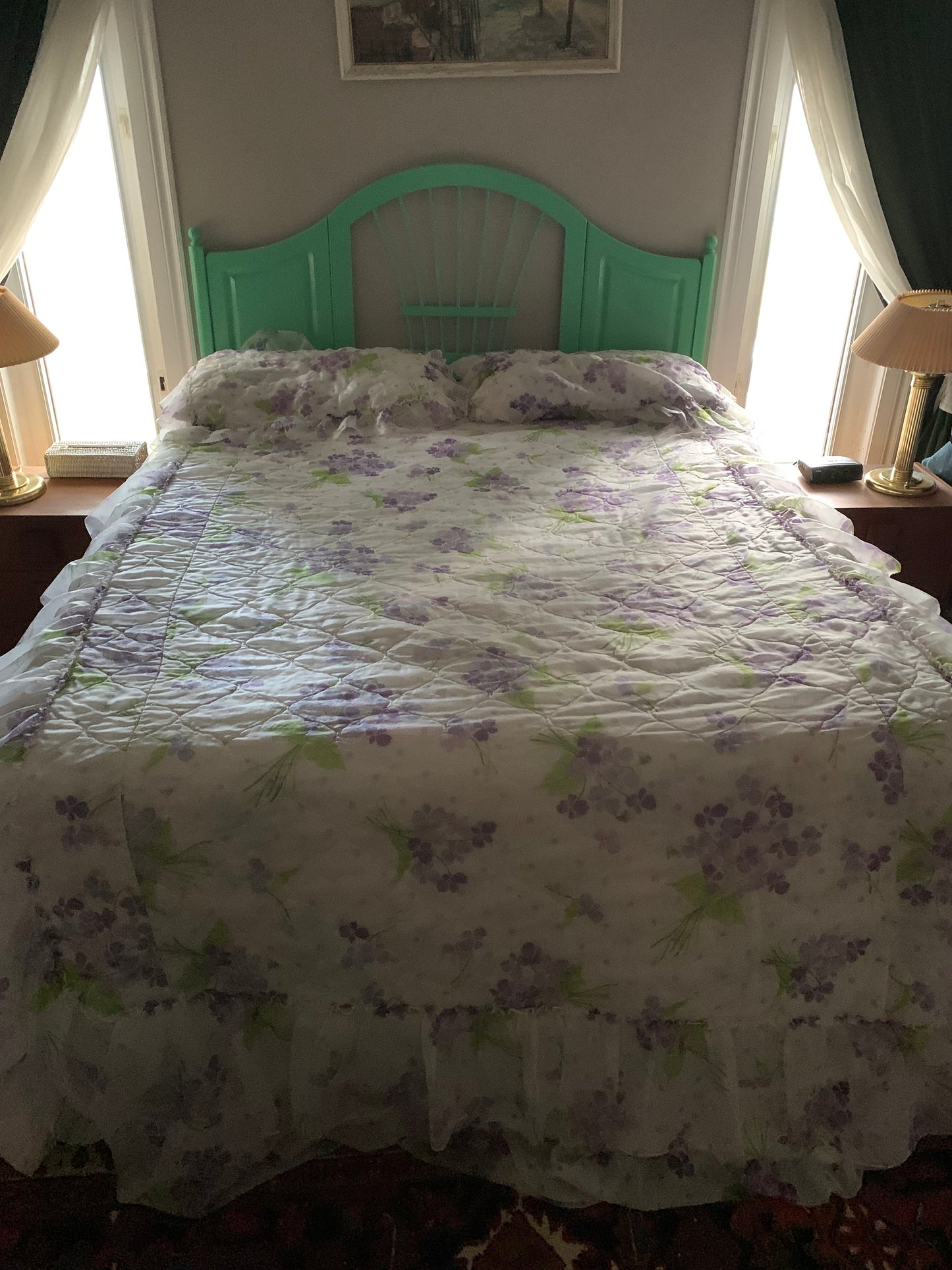 Vintage Purple Floral Twin Quilted Polyester Blanket with Ruffled Edge and Two Pillow Cases