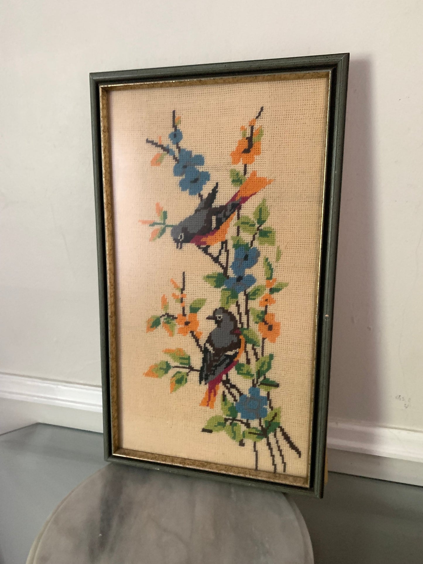 Tall Vintage Handmade Framed Blue Bird Embroidery Picture