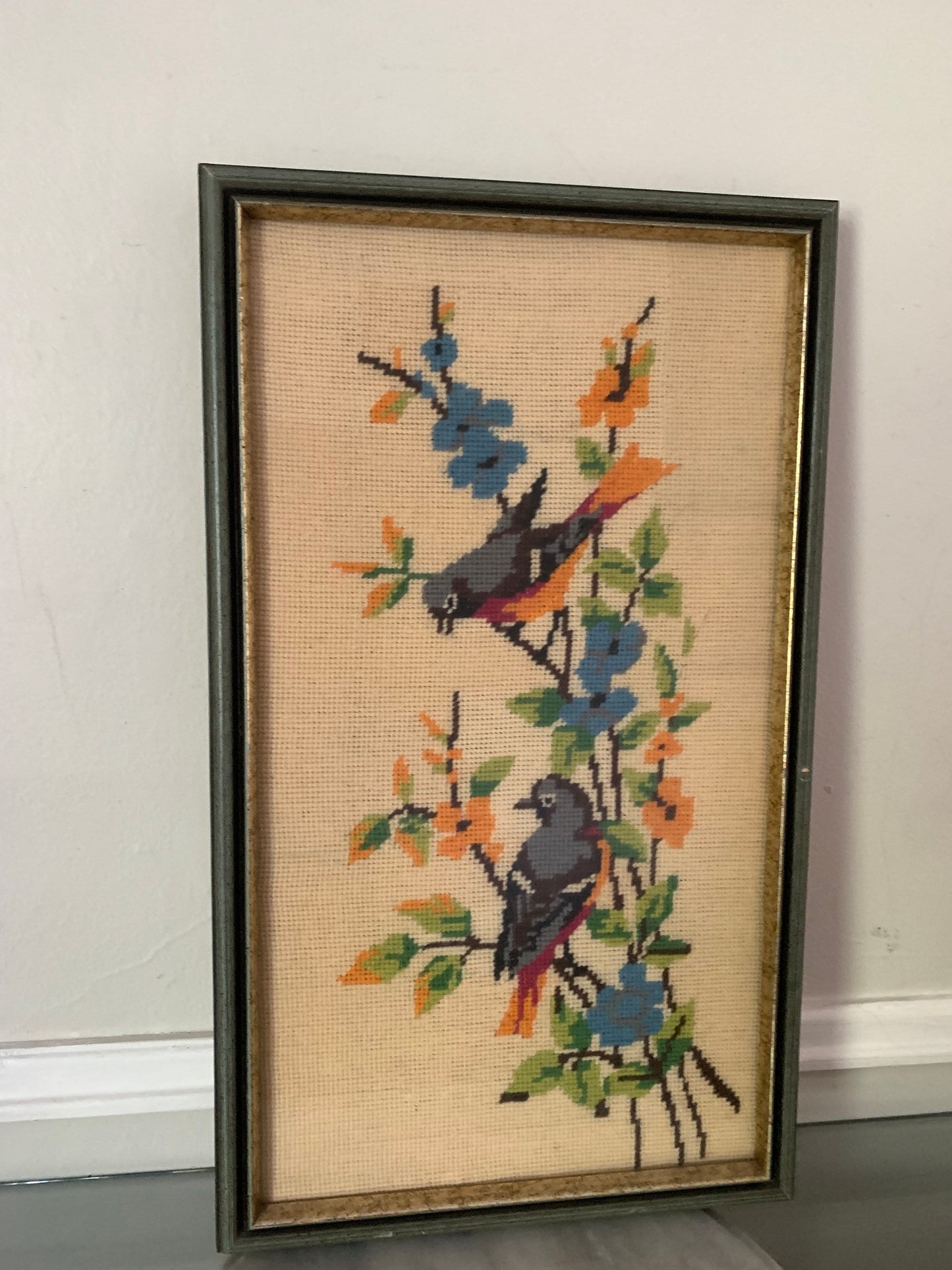 Tall Vintage Handmade Framed Blue Bird Embroidery Picture