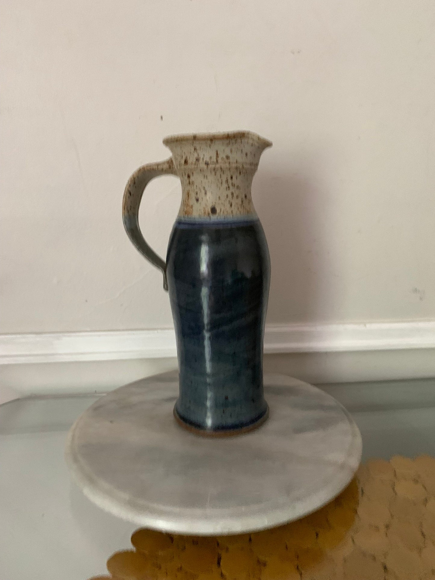 Tall Handmade Deep Blue and Gray Pottery Pitcher