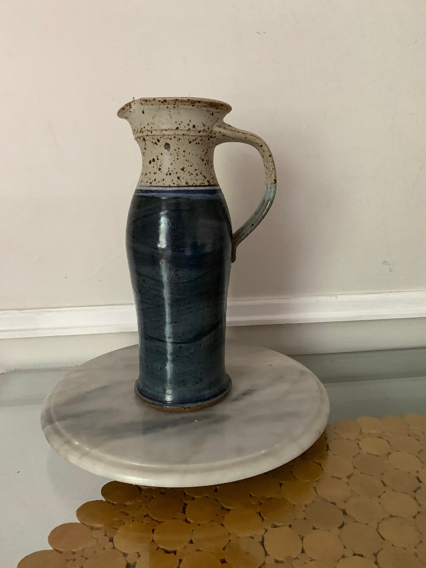 Tall Handmade Deep Blue and Gray Pottery Pitcher