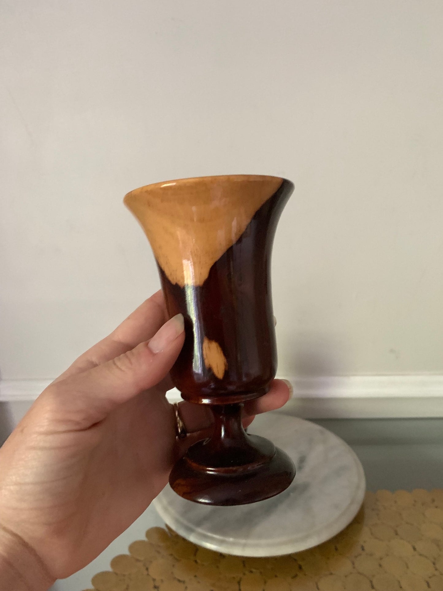 Pair of Handmade Glossy Dark Wood Pedestal Cups