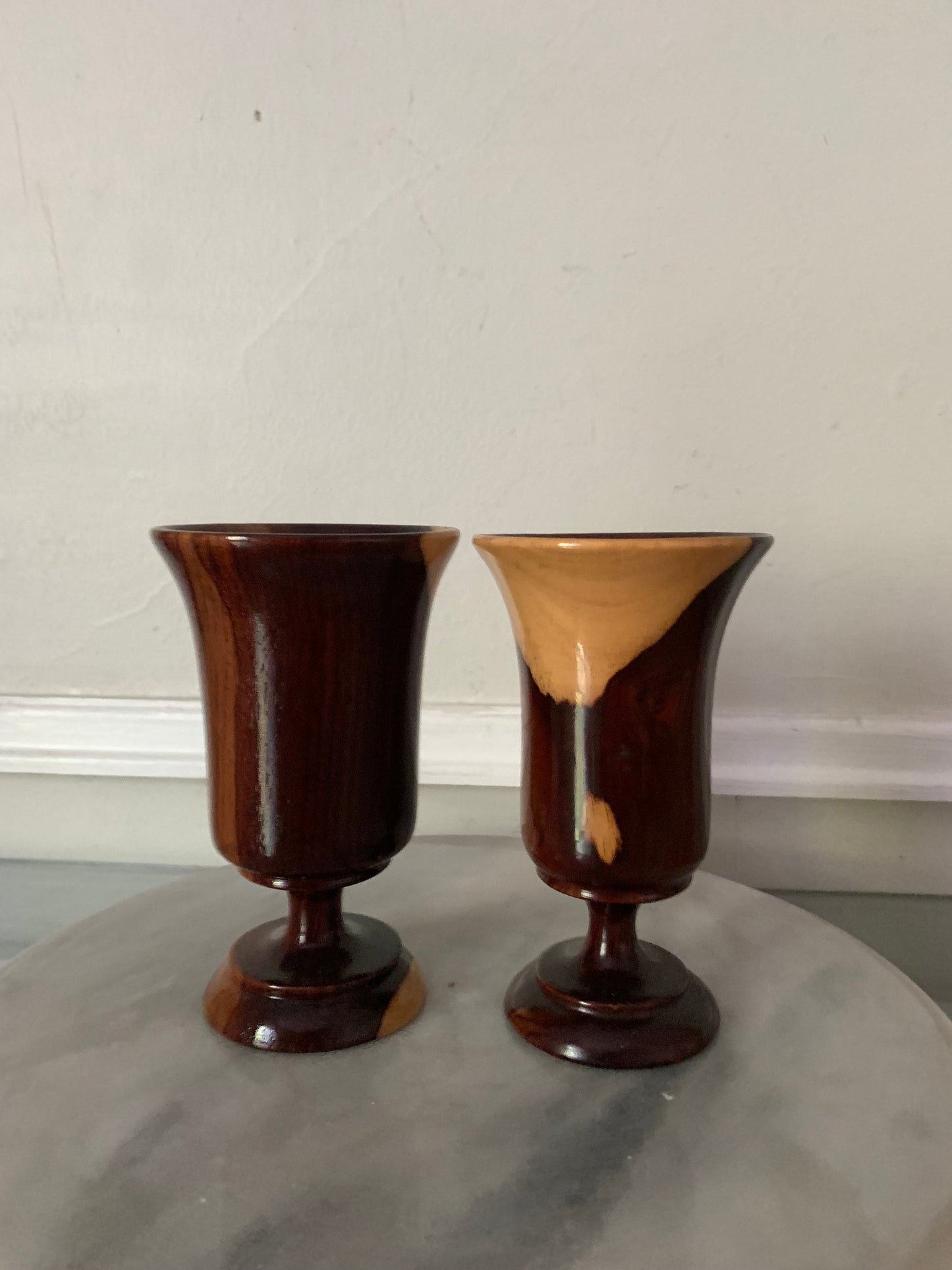 Pair of Handmade Glossy Dark Wood Pedestal Cups