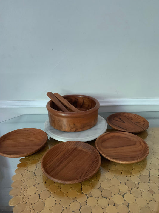 Retro 5 Piece Teak Wooden Salad Bowl and Plate Set with Tongs