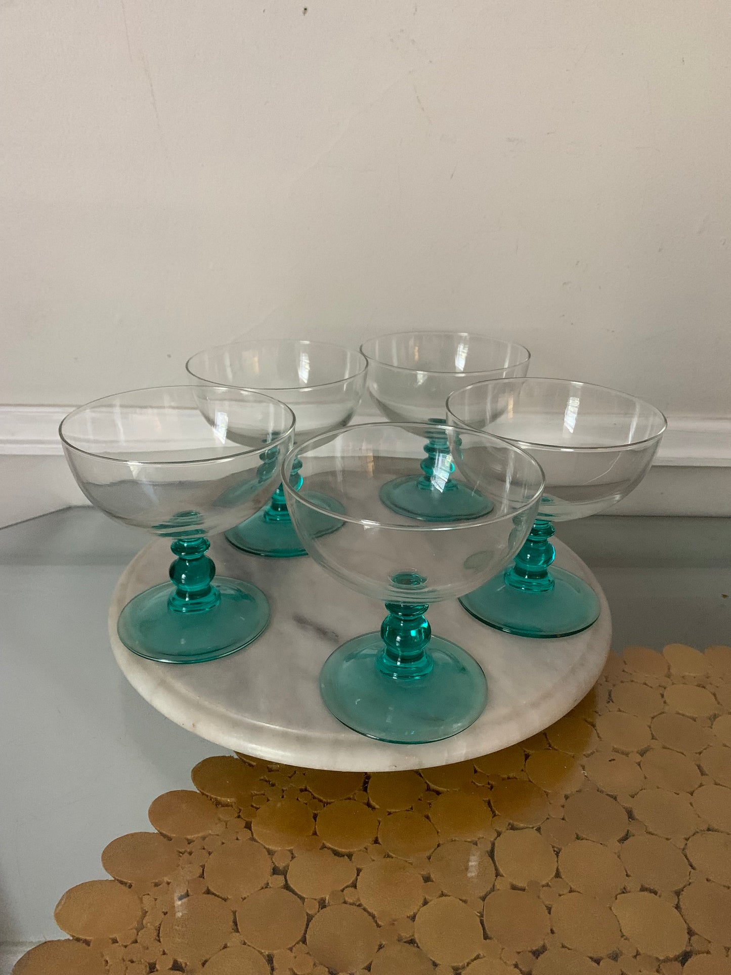 Set of 5 Clear Bowl and Turquoise Stem Glass Sundae/Desert Glasses