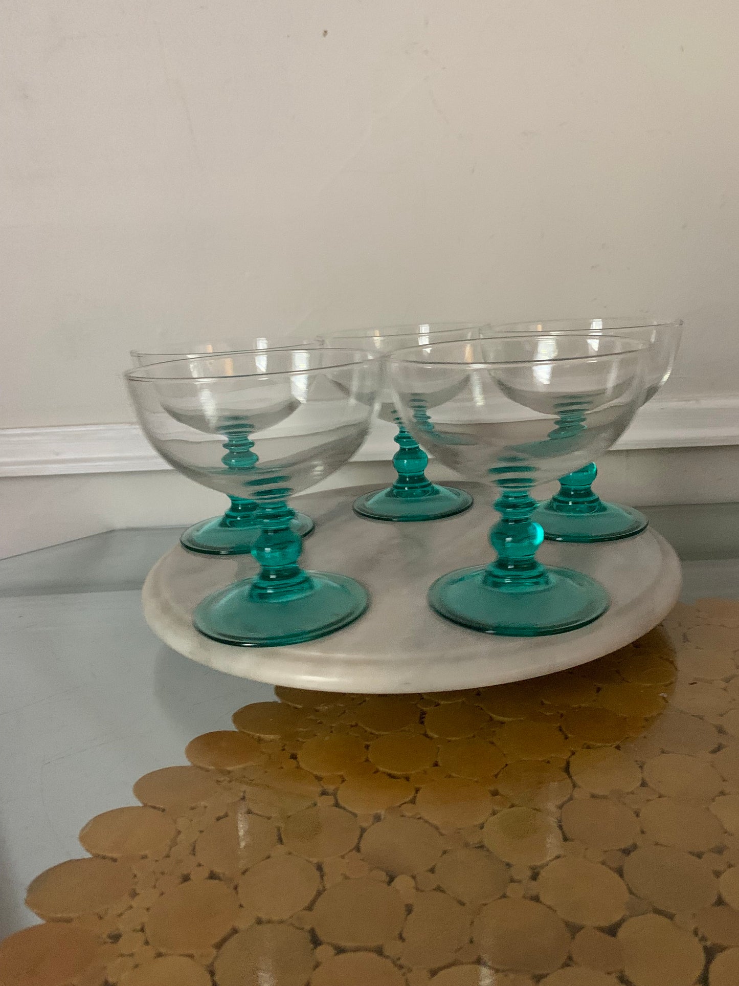 Set of 5 Clear Bowl and Turquoise Stem Glass Sundae/Desert Glasses