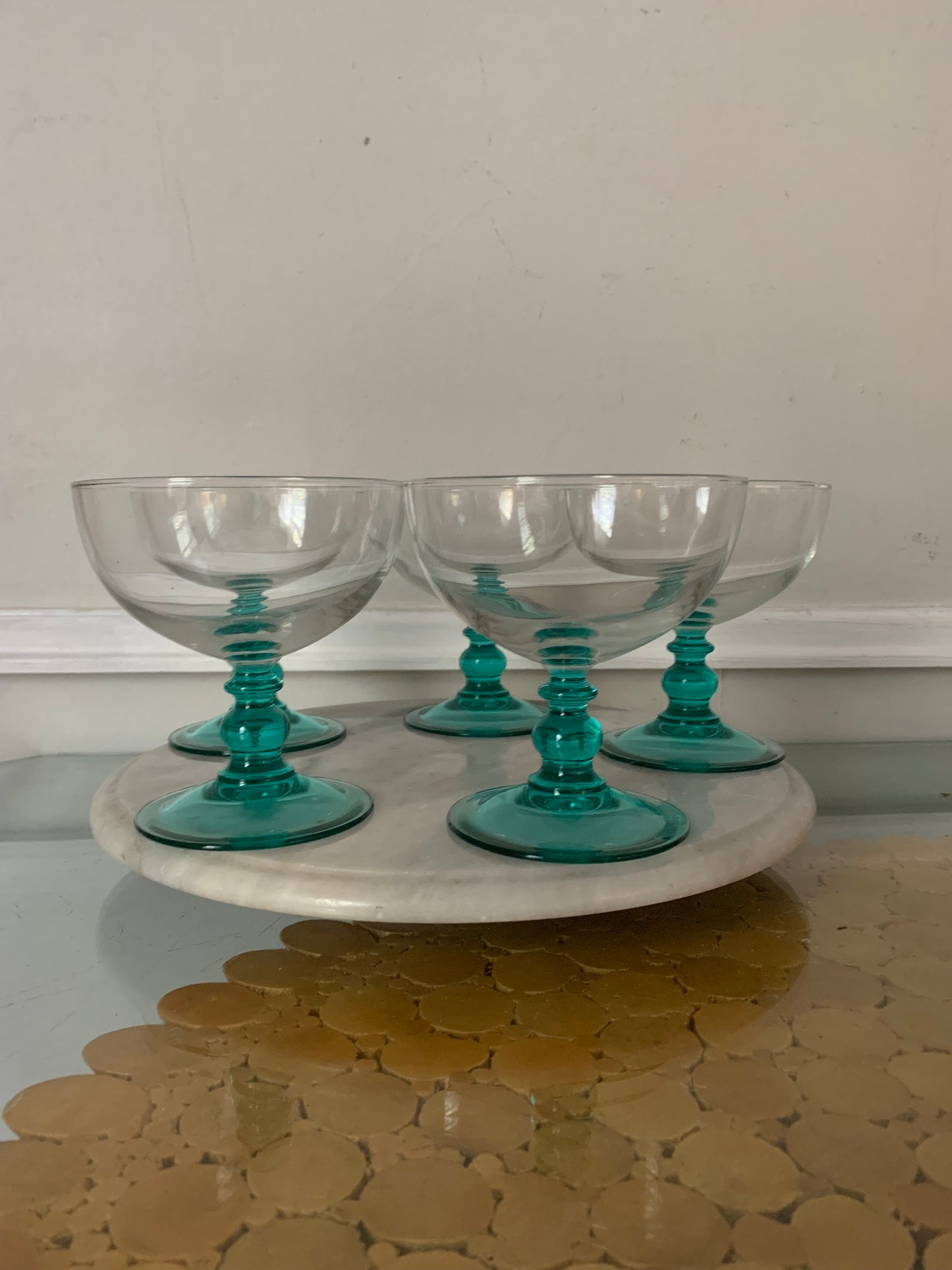 Set of 5 Clear Bowl and Turquoise Stem Glass Sundae/Desert Glasses