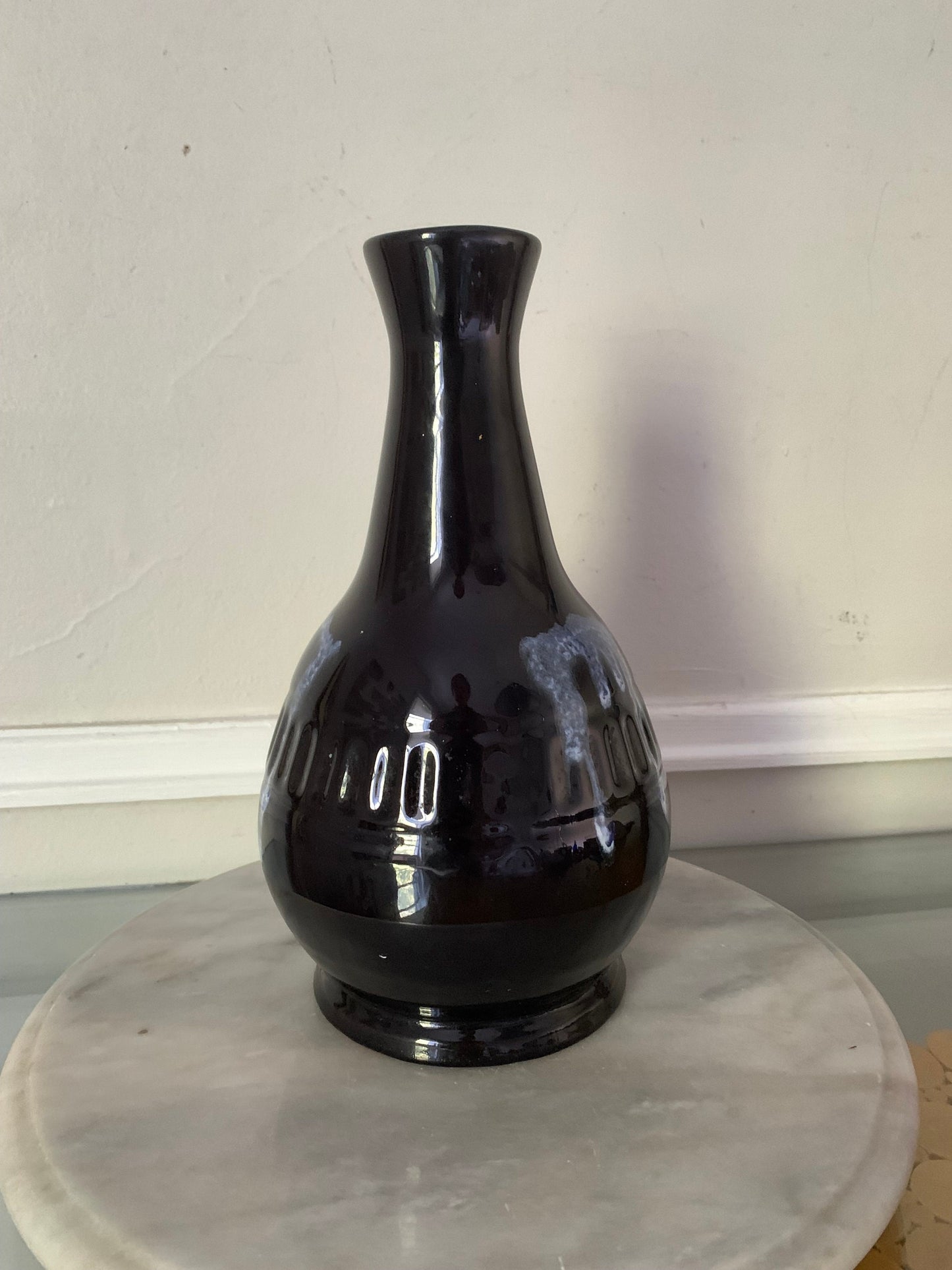 MCM Medium Black and Blue Drip Glaze Pottery Vase