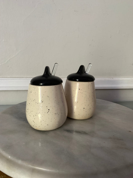 MCM Pair of Speckled White Ceramic Jars with Black Lid with Clear Glass Spoons