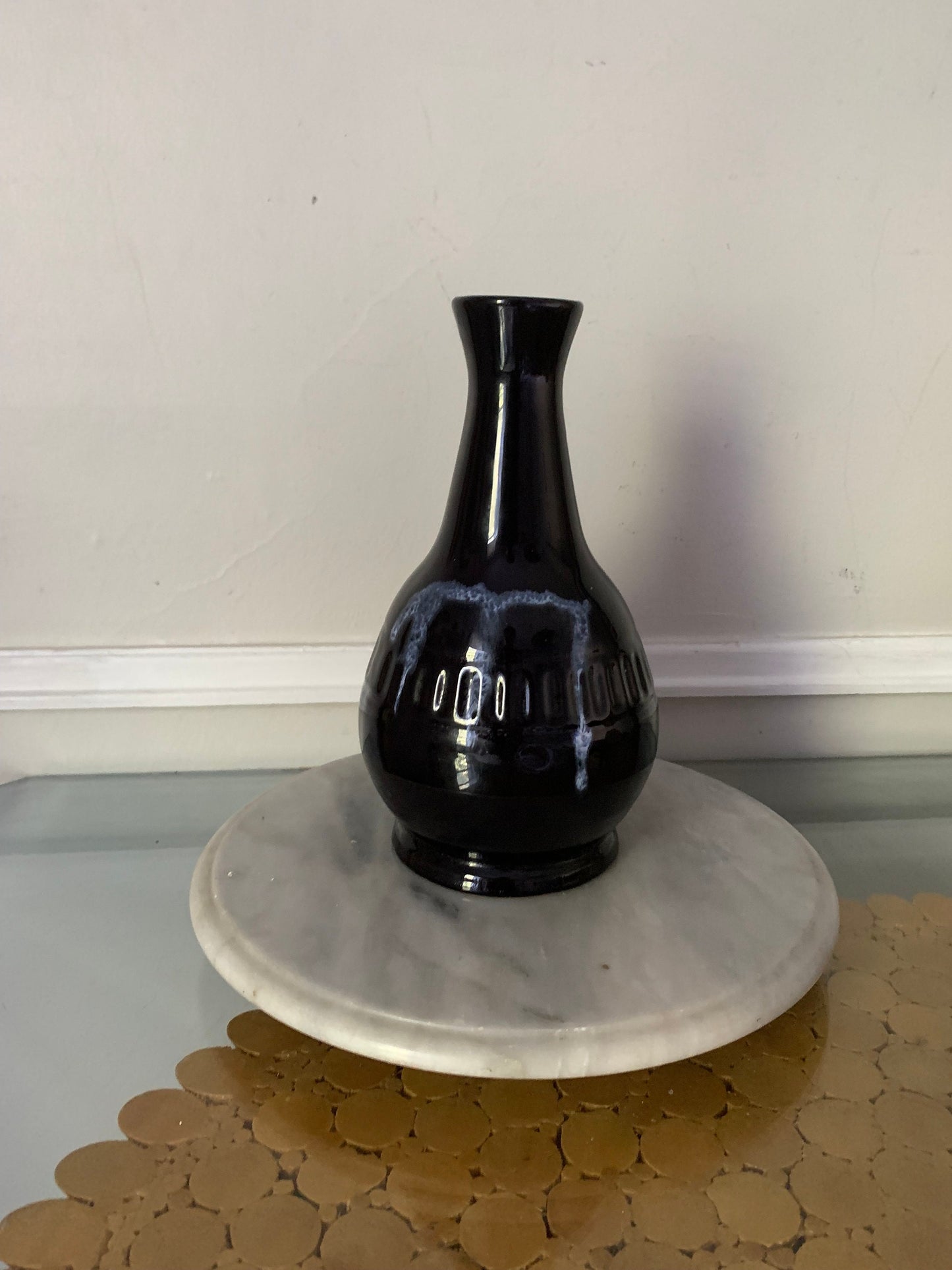 MCM Medium Black and Blue Drip Glaze Pottery Vase