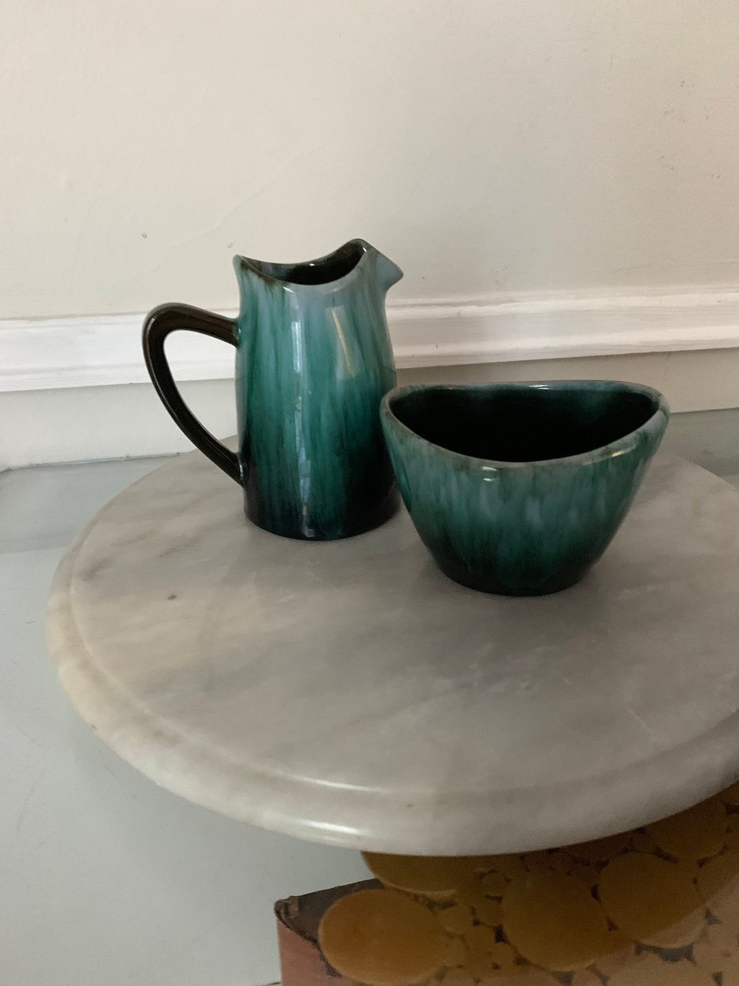 MCM Green Drip Glaze Pottery Cream & Sugar