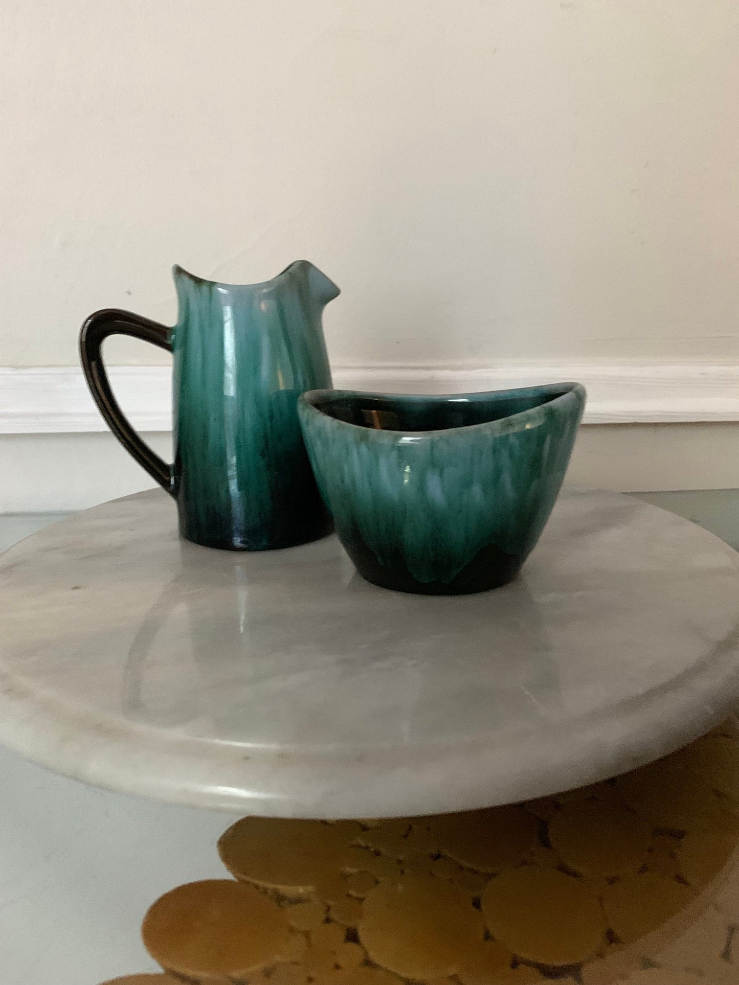 MCM Green Drip Glaze Pottery Cream & Sugar