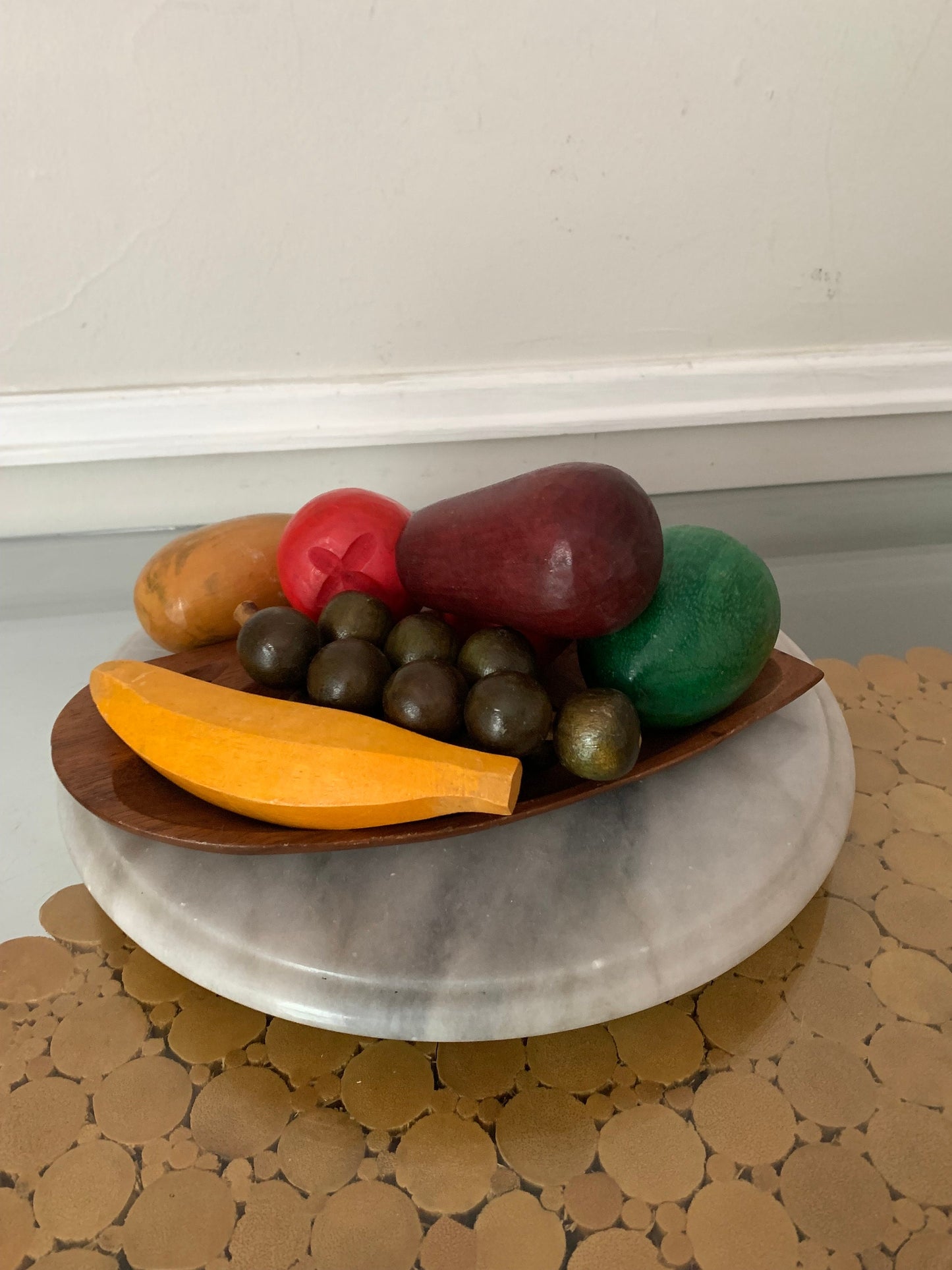 Retro Set of 7 Colourful Carved Wooden Fruit on Wood Plate