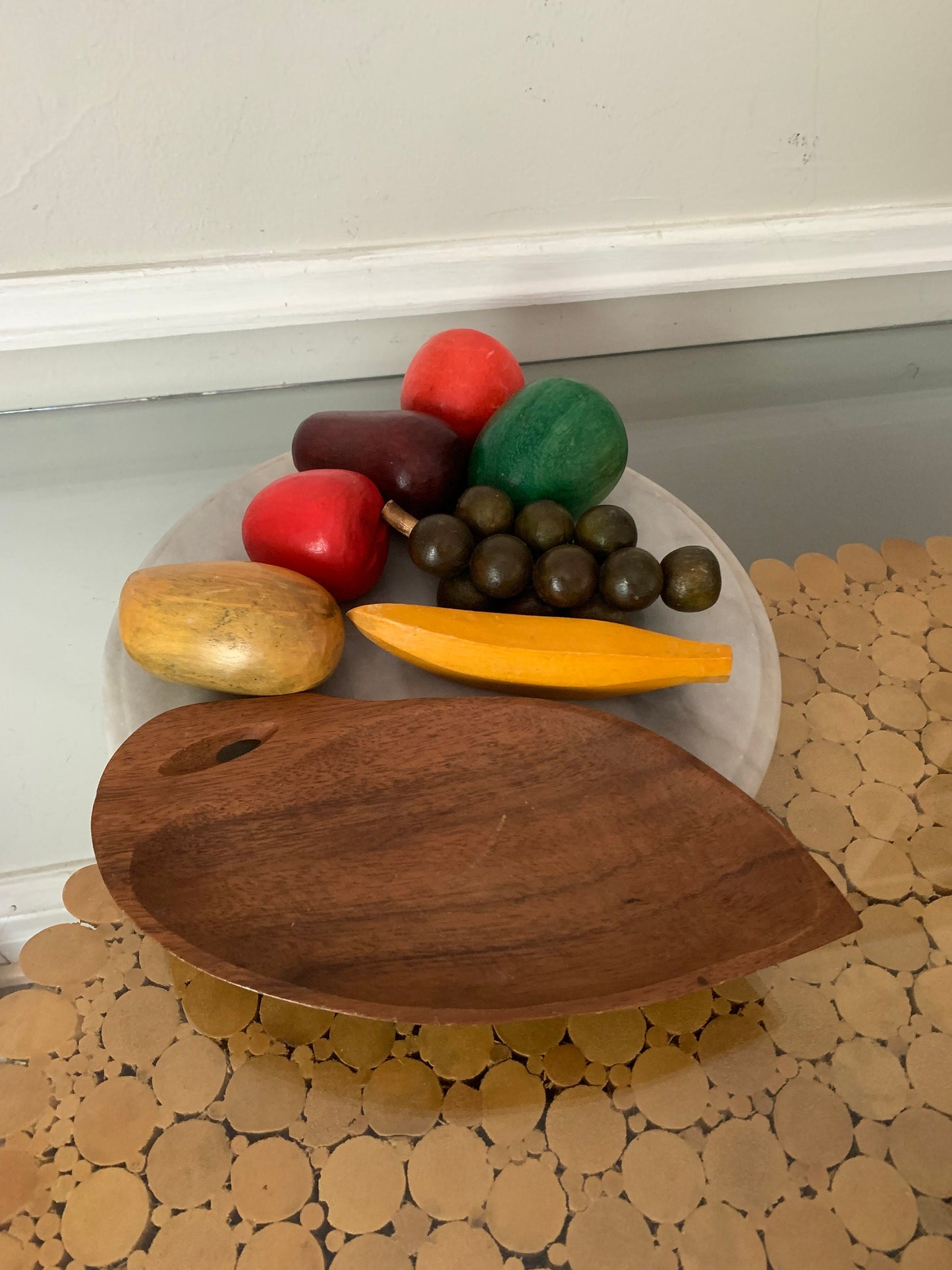 Retro Set of 7 Colourful Carved Wooden Fruit on Wood Plate