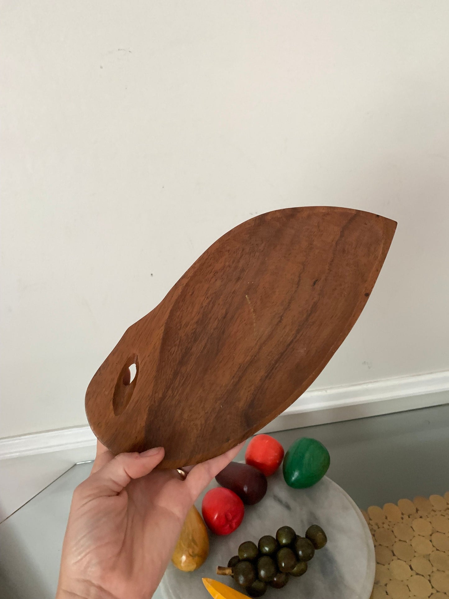 Retro Set of 7 Colourful Carved Wooden Fruit on Wood Plate