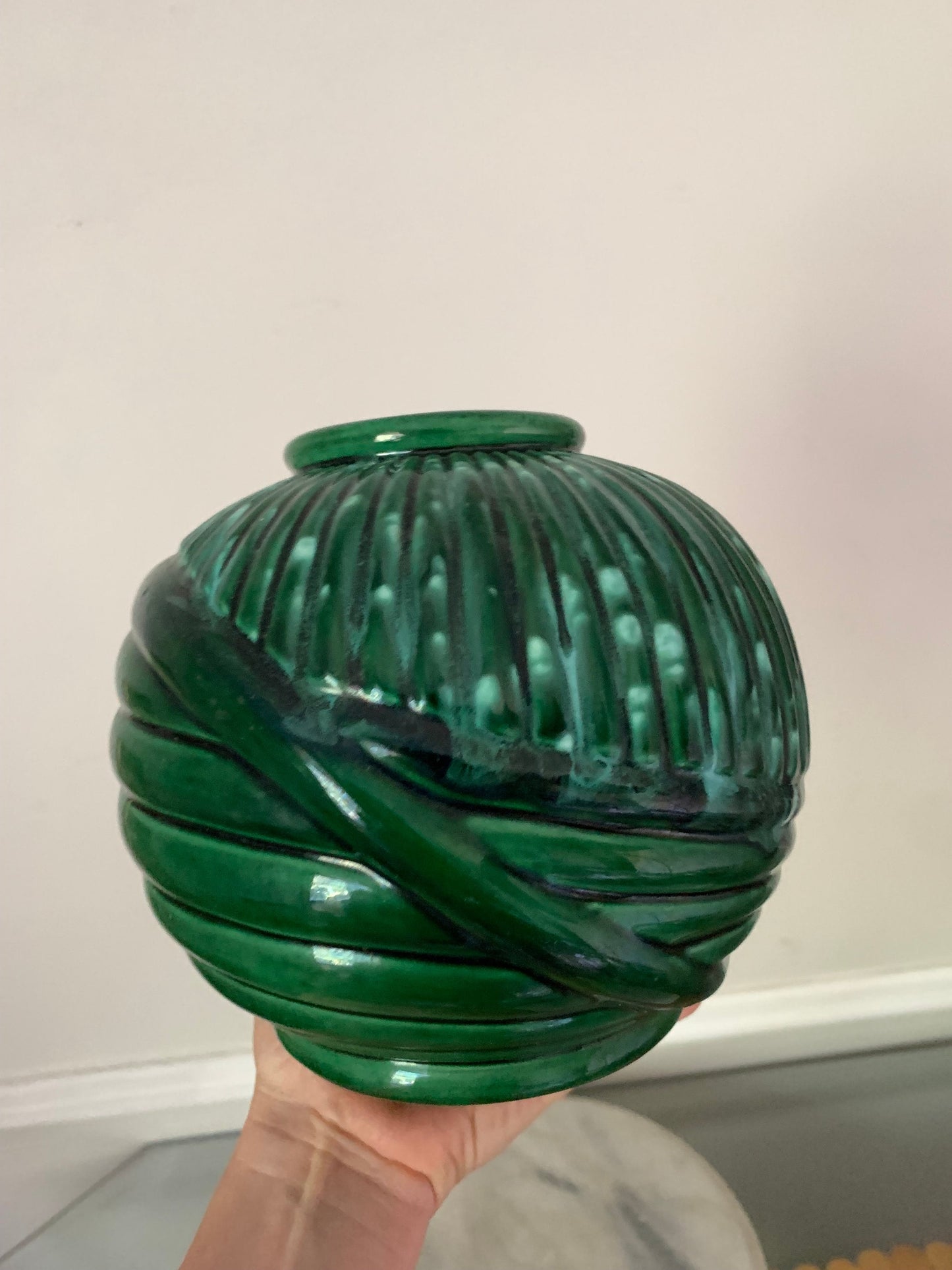 Vintage Green Textured Ceramic Chubby Vase