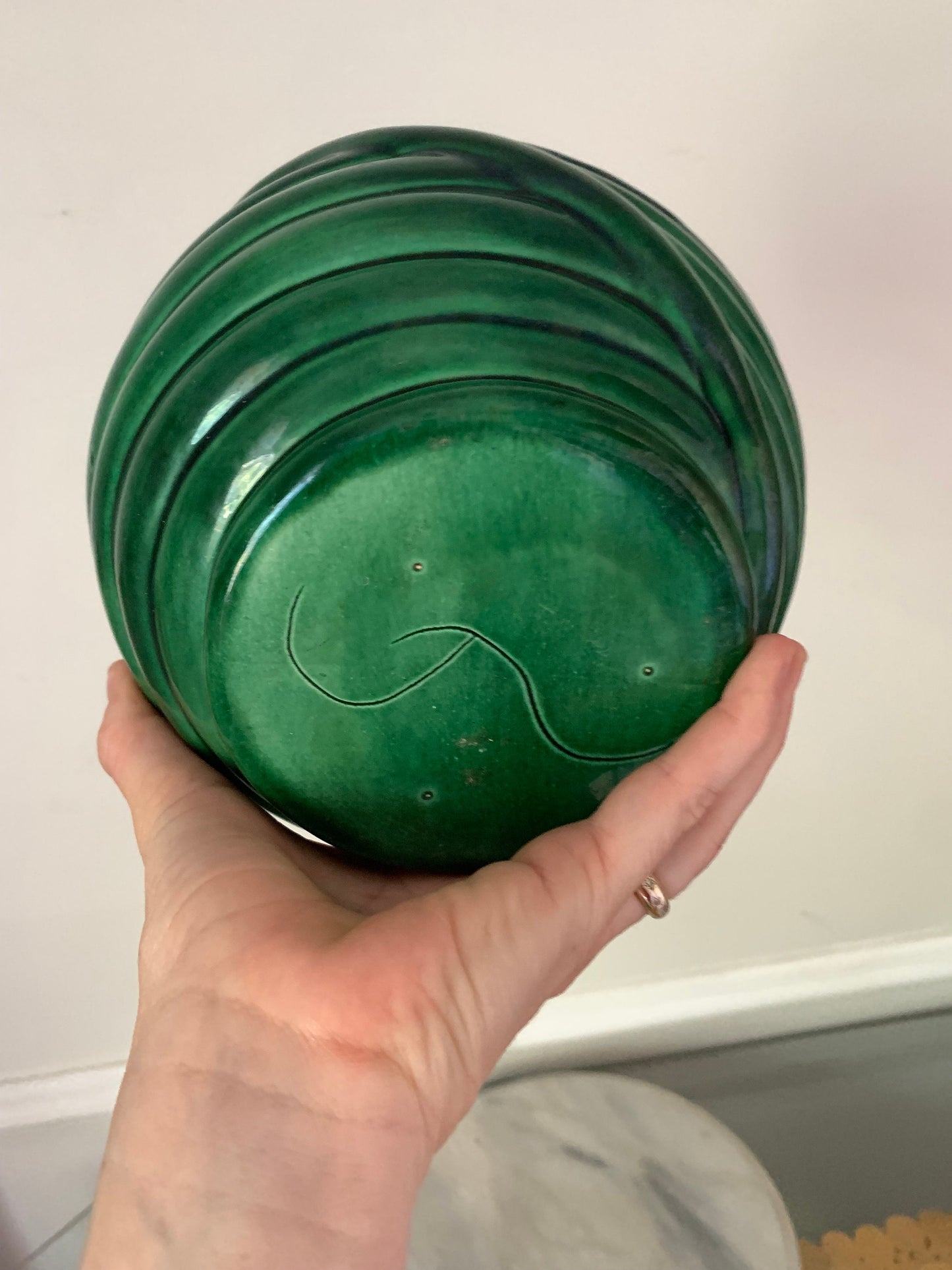 Vintage Green Textured Ceramic Chubby Vase