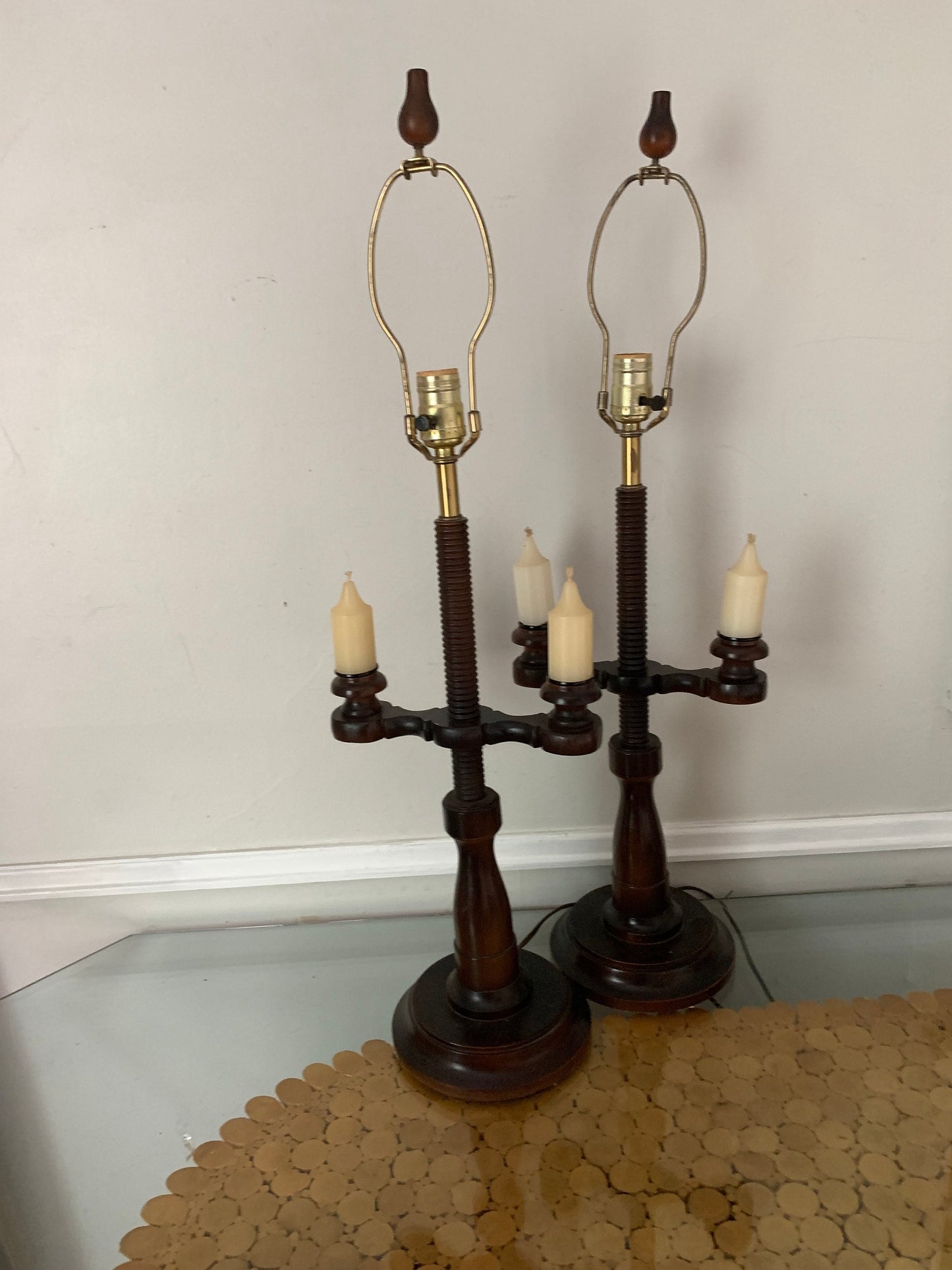 MCM Pair of Tall Dark Wood Lamps No Shades