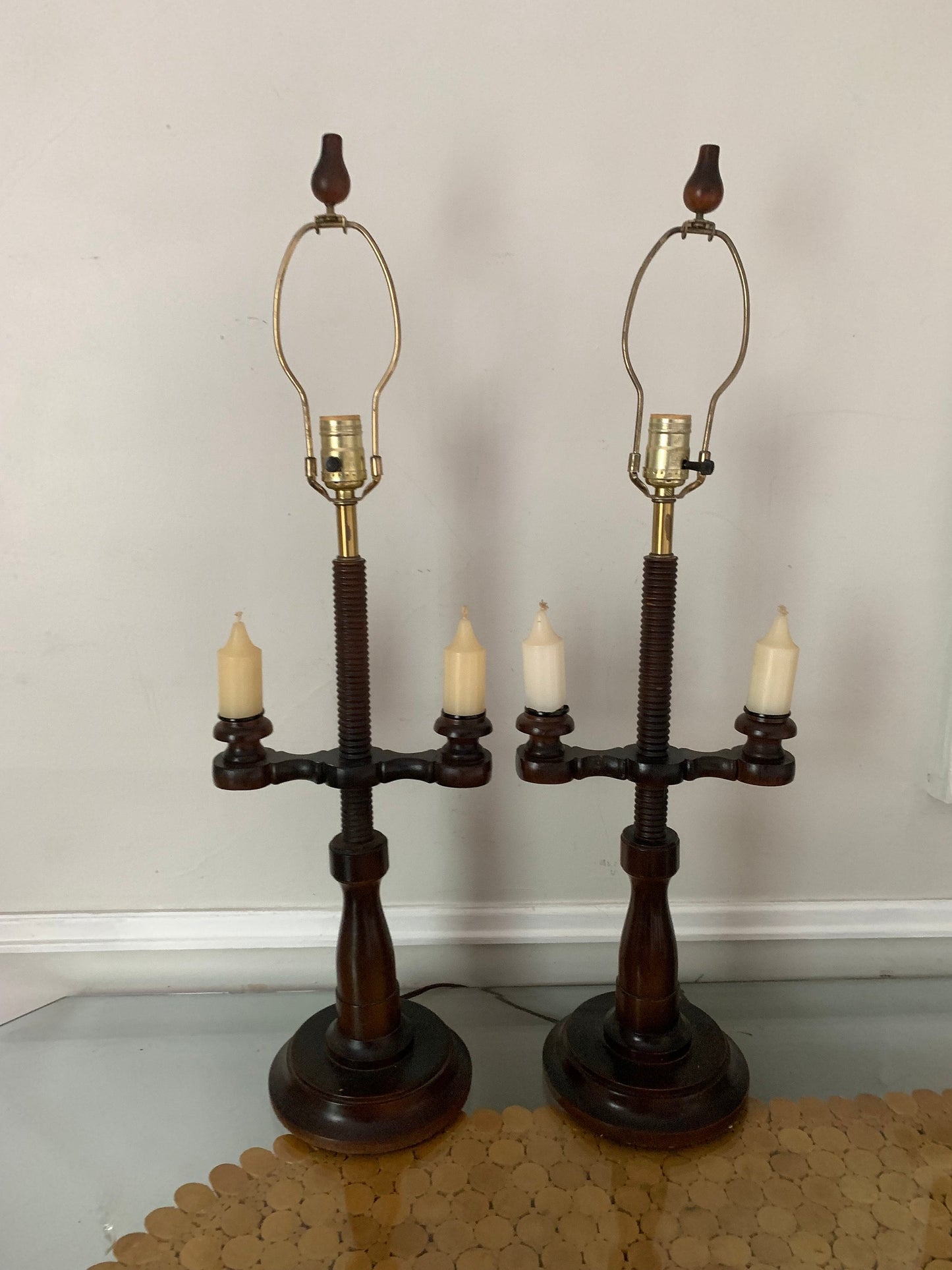 MCM Pair of Tall Dark Wood Lamps No Shades