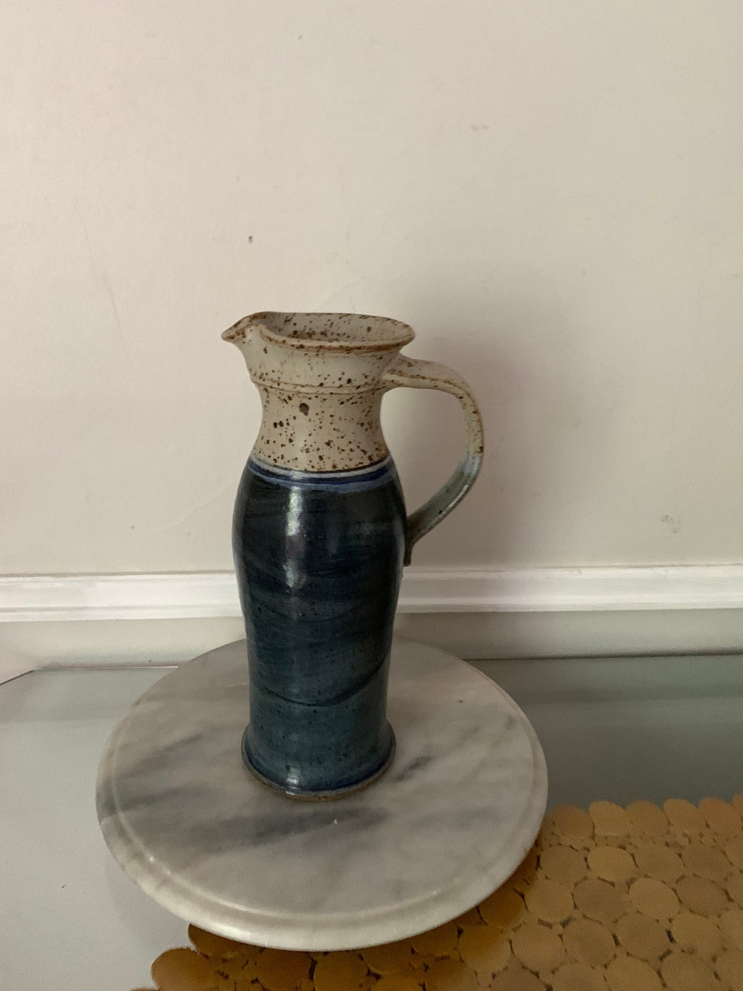 Tall Handmade Deep Blue and Gray Pottery Pitcher