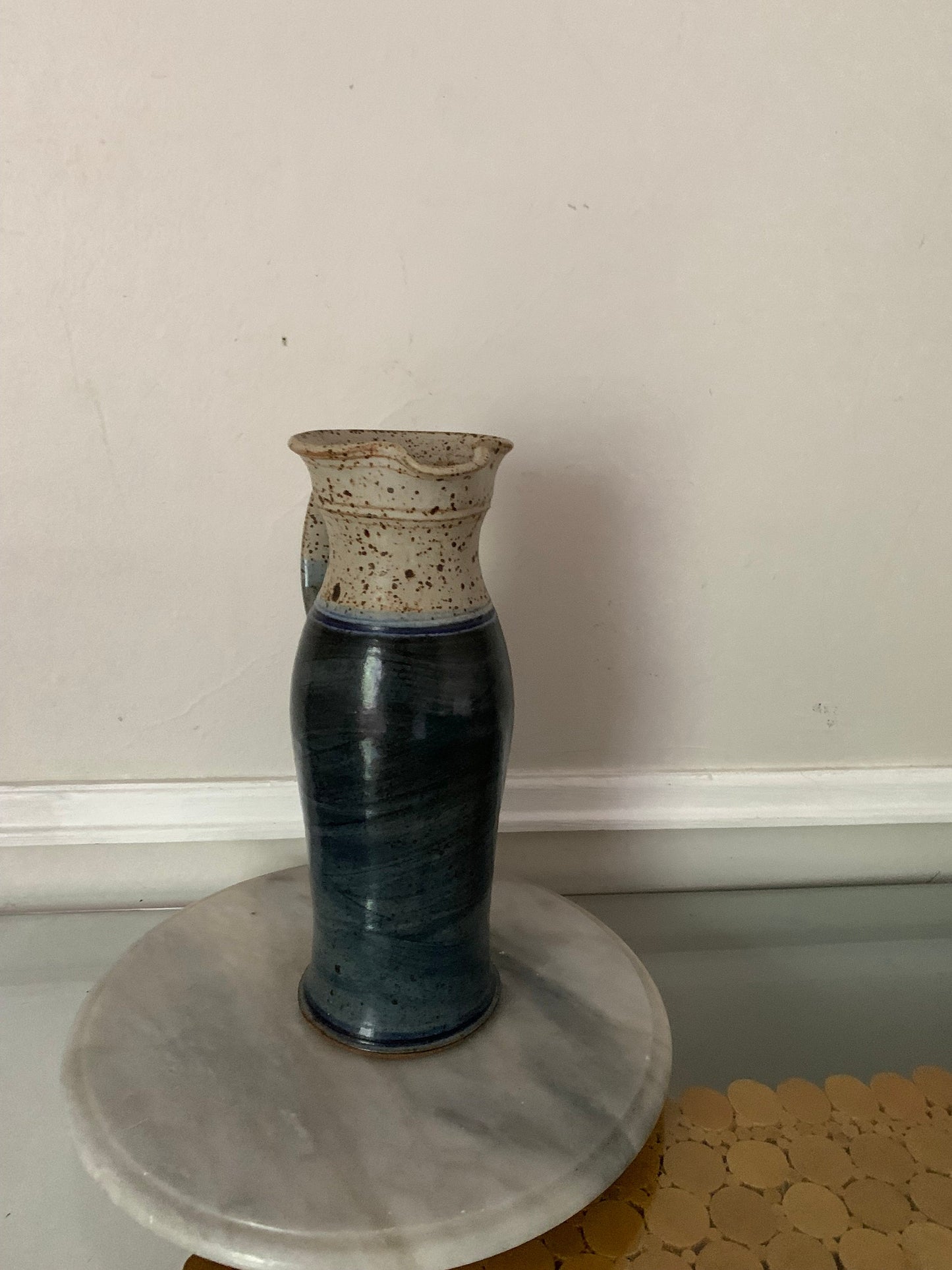 Tall Handmade Deep Blue and Gray Pottery Pitcher