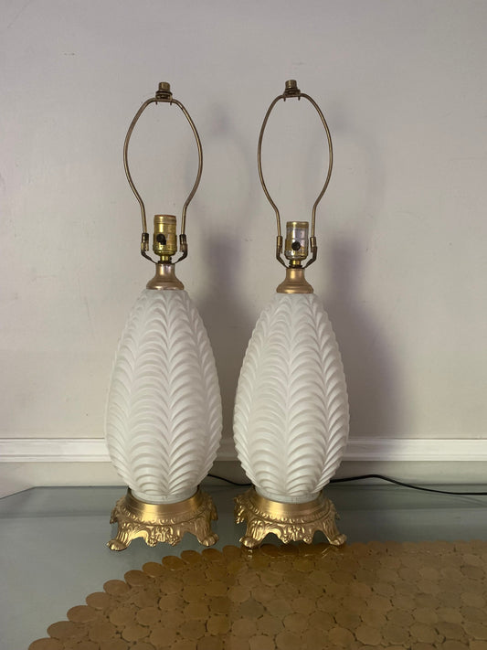 Pair of Vintage White Glass Table Lamps with Gold Base No Shades