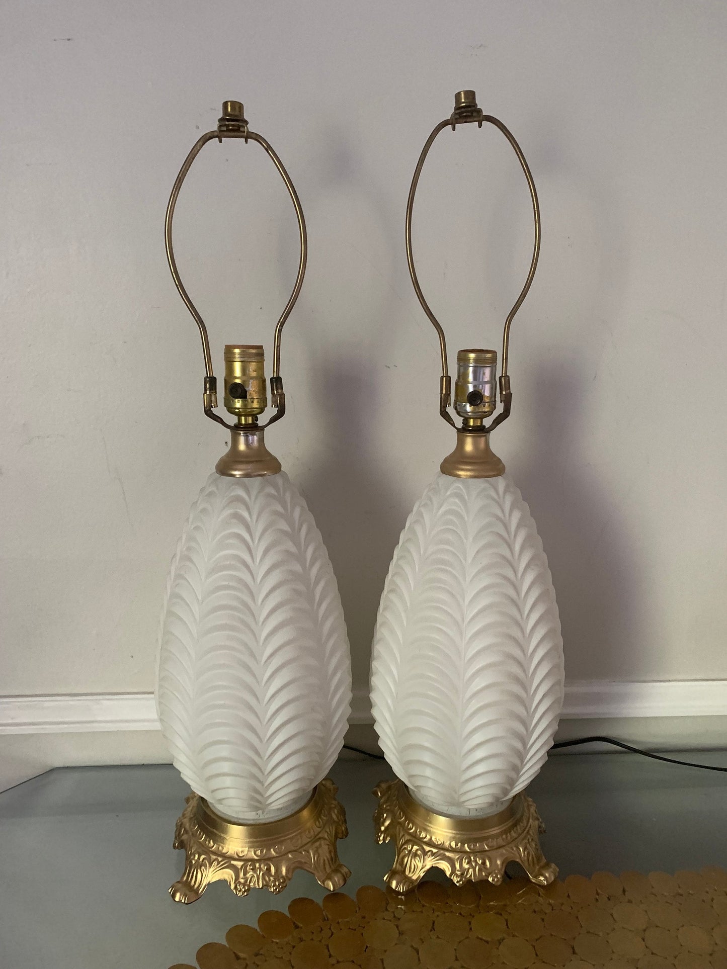 Pair of Vintage White Glass Table Lamps with Gold Base No Shades