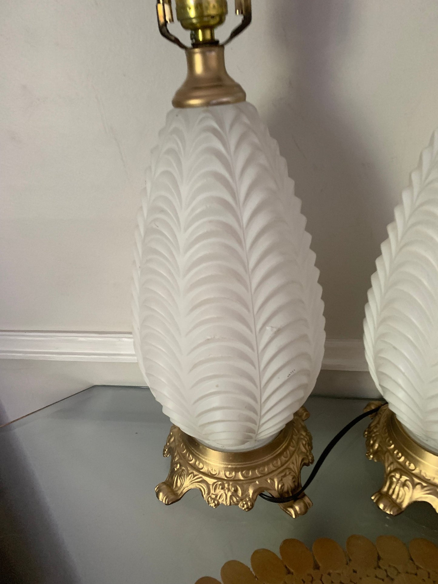 Pair of Vintage White Glass Table Lamps with Gold Base No Shades