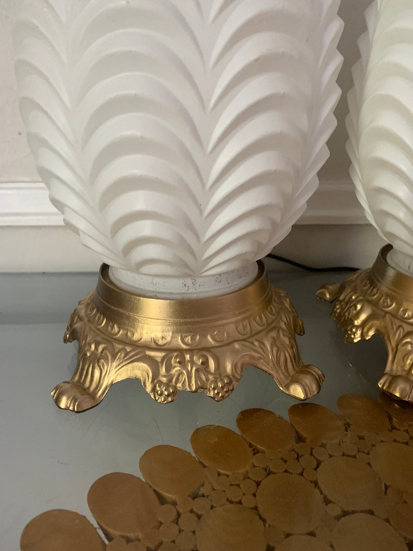 Pair of Vintage White Glass Table Lamps with Gold Base No Shades