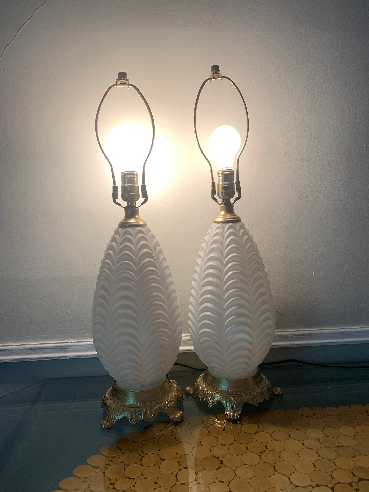 Pair of Vintage White Glass Table Lamps with Gold Base No Shades