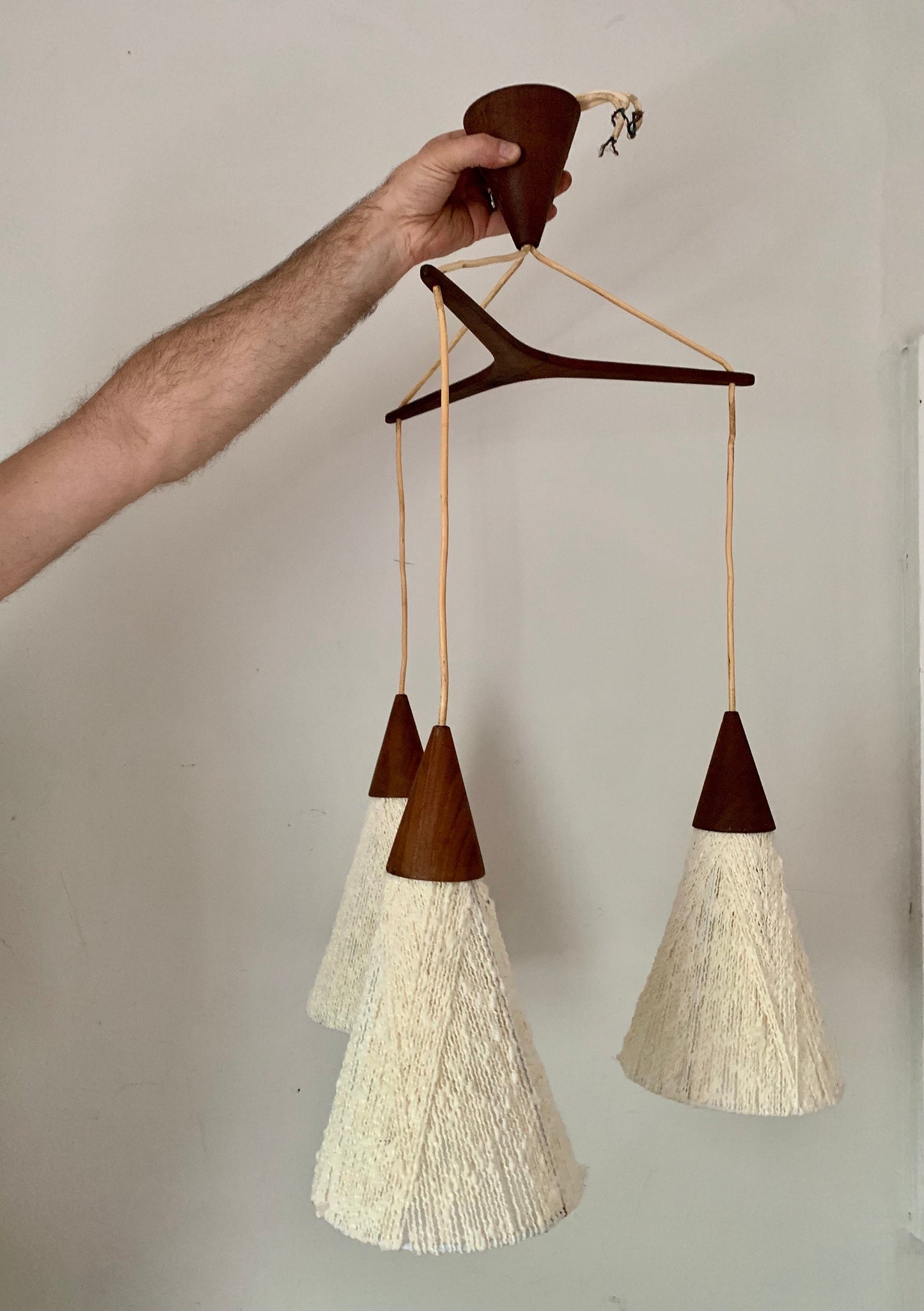 MCM Teak Wood and Woven Shade 3 Pendant Ceiling LIght