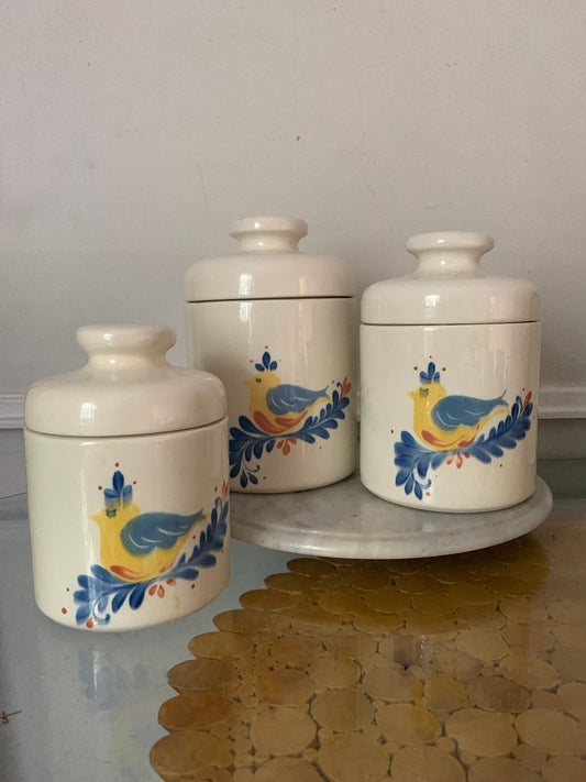 Vintage 3pc Kitchen Lidded Cream Ceramic Graduated Canister Set with Hand Painted Bird from Clay Craft Canada