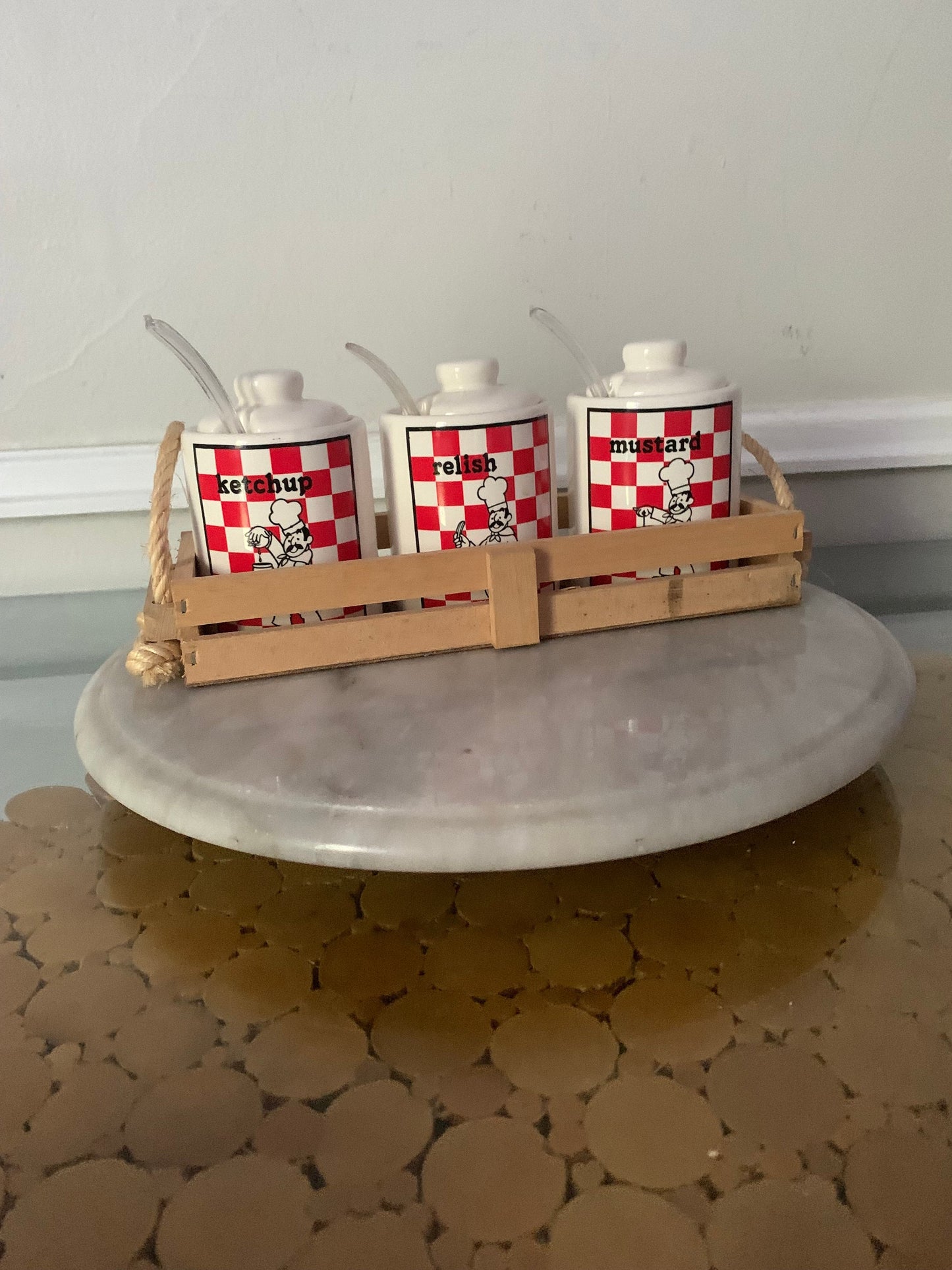 Set of 3 Vintage Red & White Checkered Ceramic Condiment Containers with Spoons and Wood Caddy Made in Taiwan