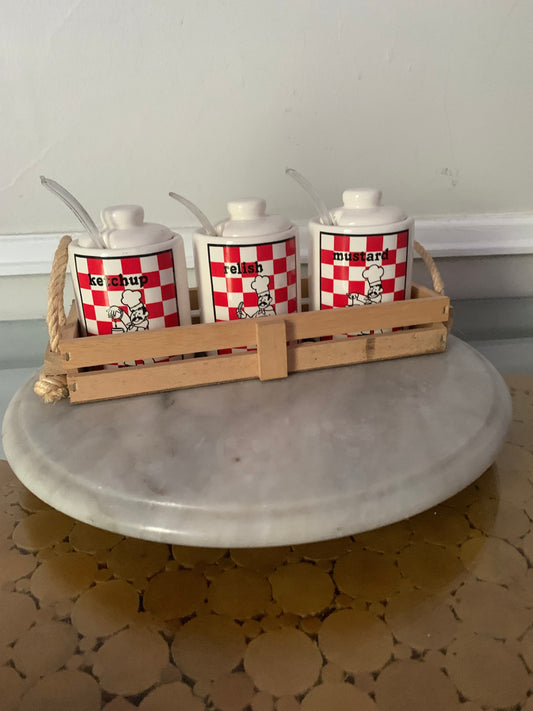 Set of 3 Vintage Red & White Checkered Ceramic Condiment Containers with Spoons and Wood Caddy Made in Taiwan