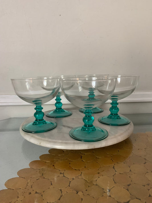 Set of 5 Clear Bowl and Turquoise Stem Glass Sundae/Desert Glasses