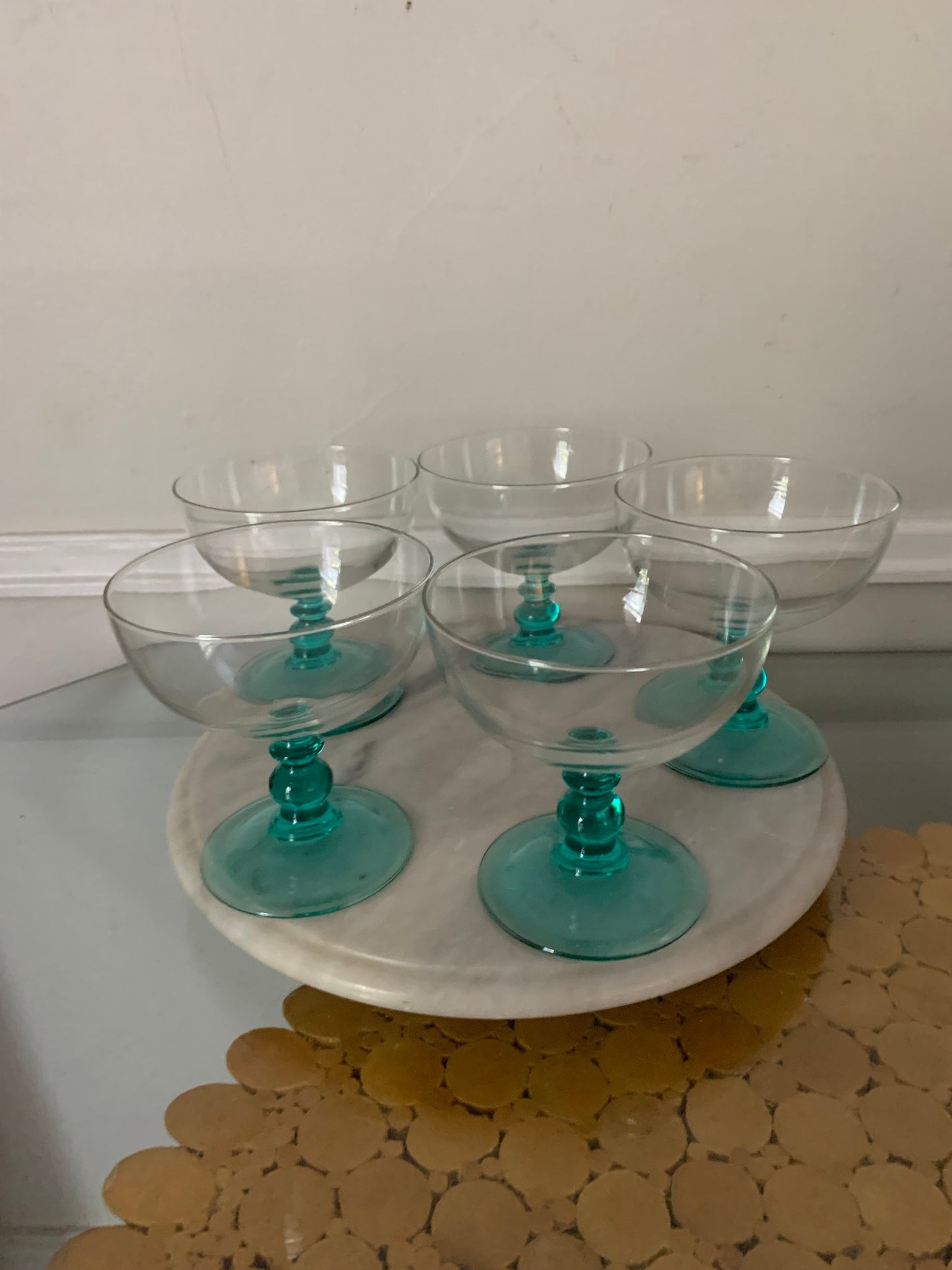 Set of 5 Clear Bowl and Turquoise Stem Glass Sundae/Desert Glasses