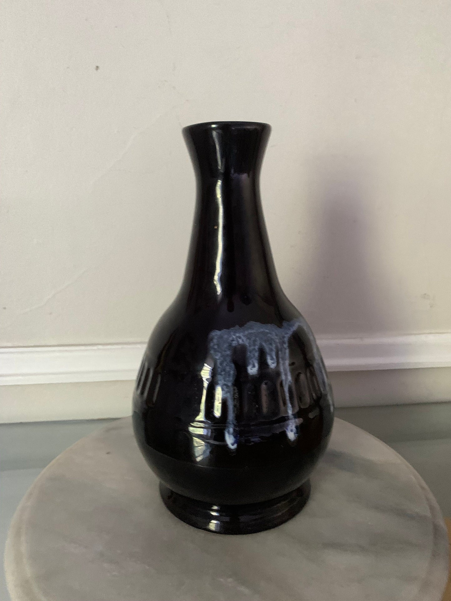 MCM Medium Black and Blue Drip Glaze Pottery Vase