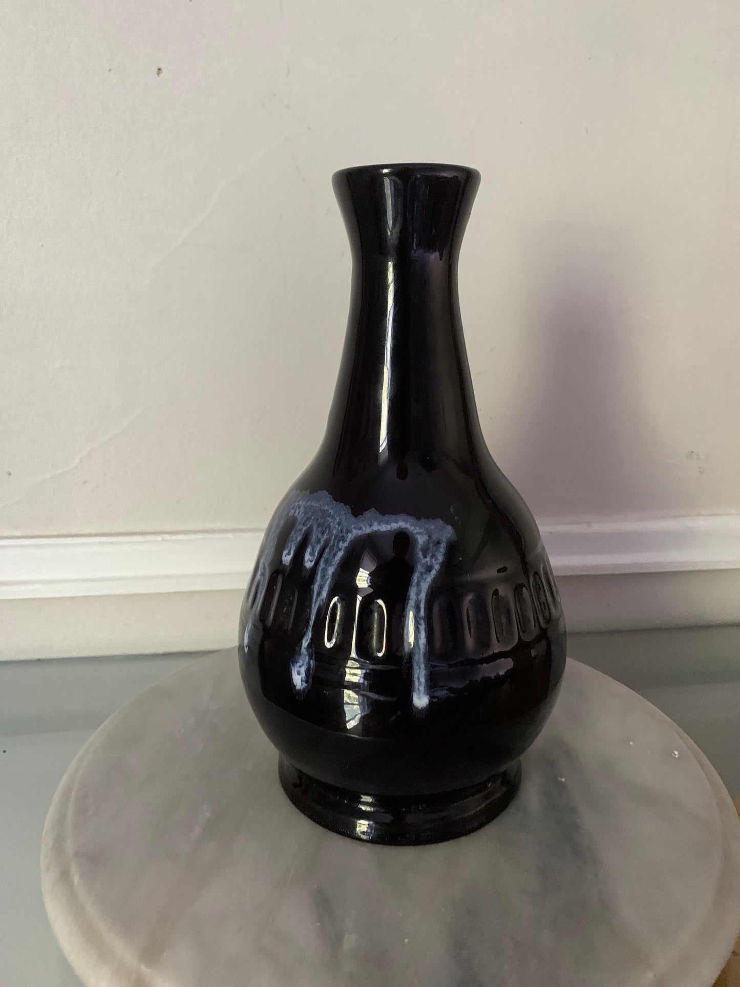 MCM Medium Black and Blue Drip Glaze Pottery Vase