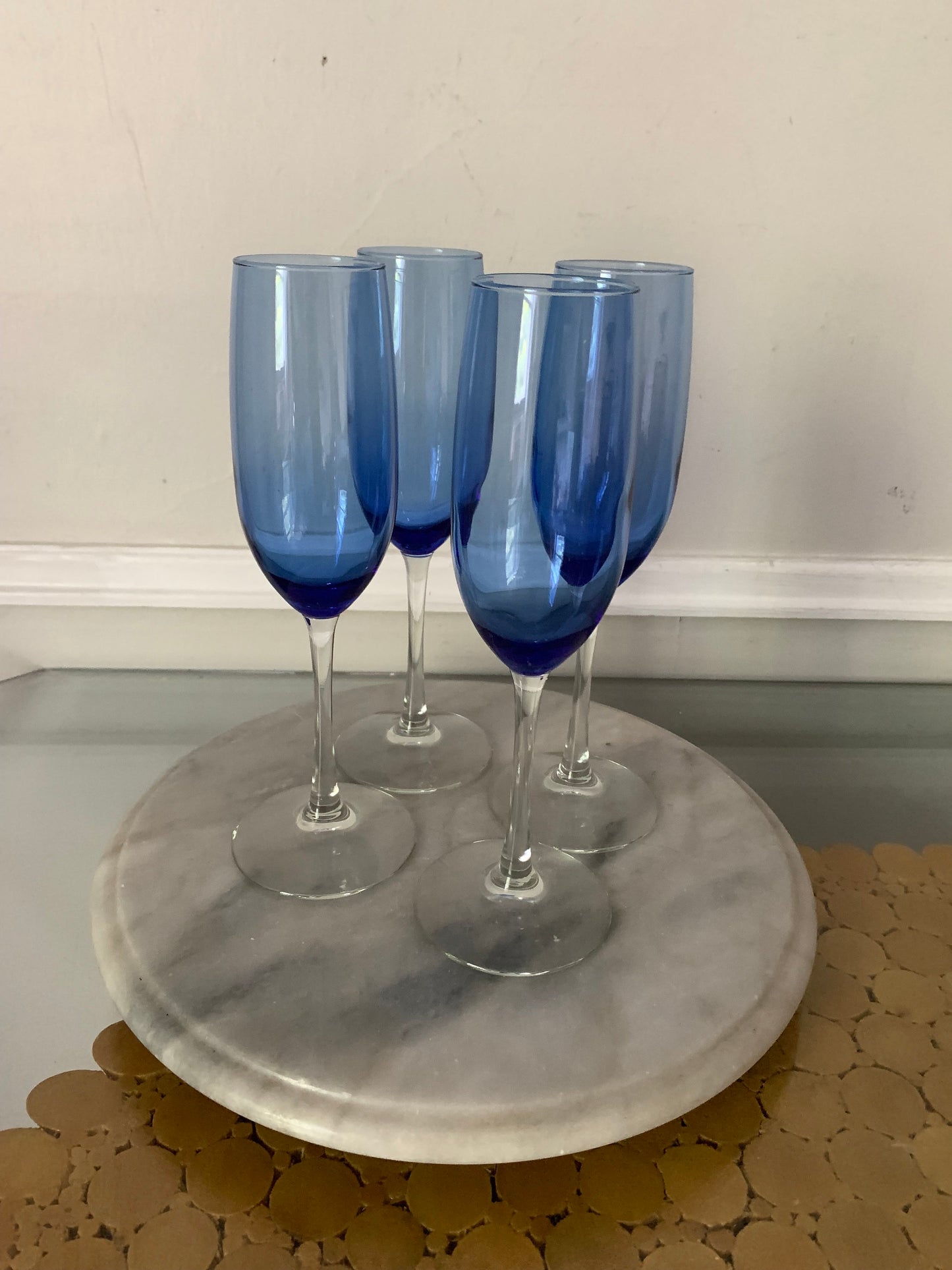 Vintage Set of 4 Cobalt Blue Bowl and Clear Stem Champagne Glasses