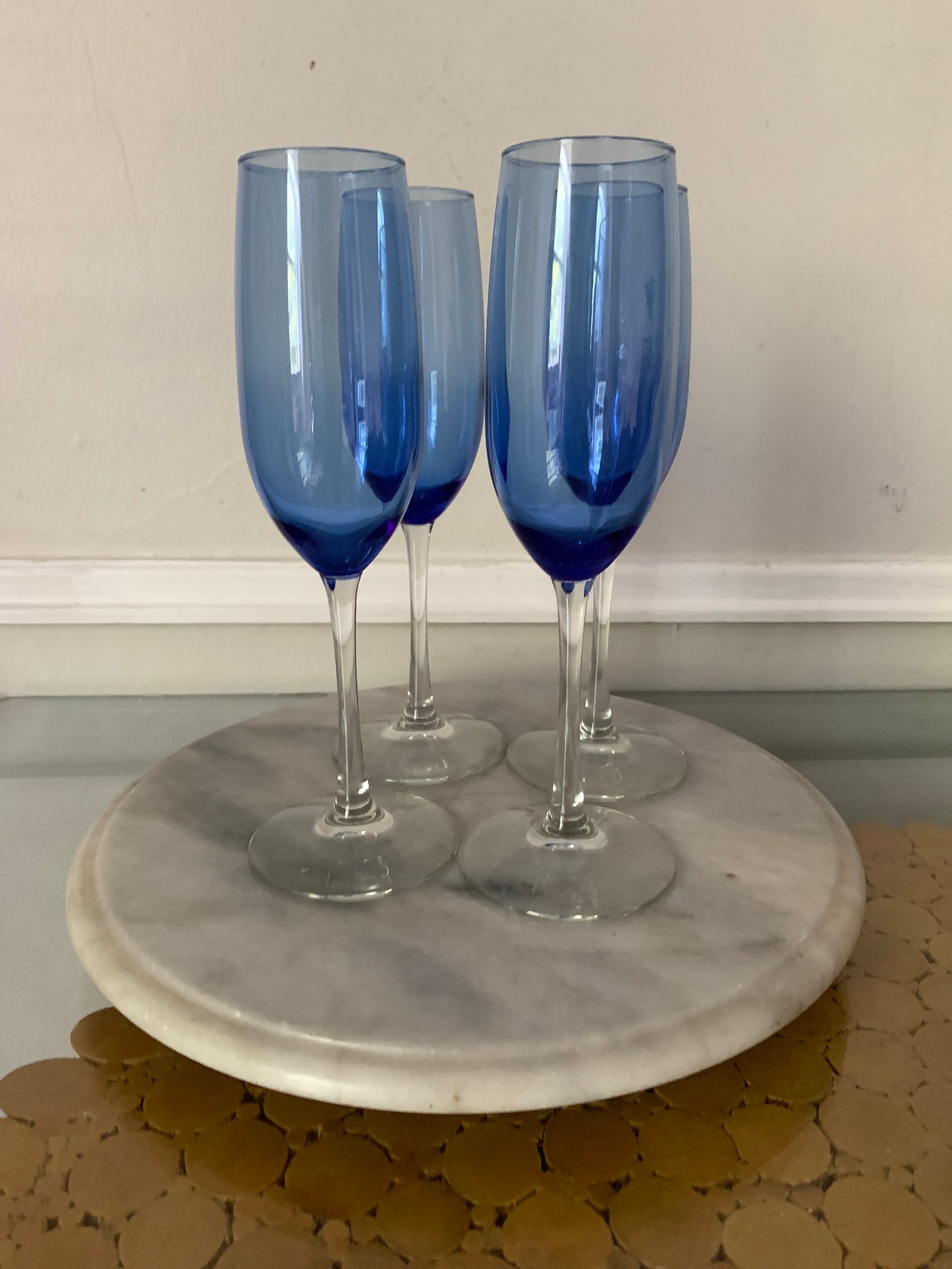 Vintage Set of 4 Cobalt Blue Bowl and Clear Stem Champagne Glasses