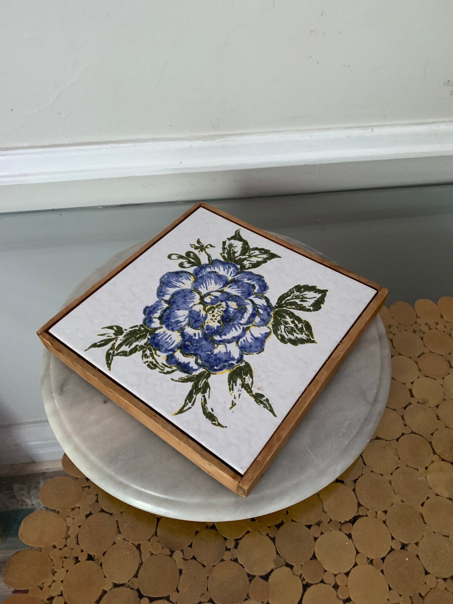 Vintage White Tile Trivet with Blue Flower with Wood Frame Made in Canada