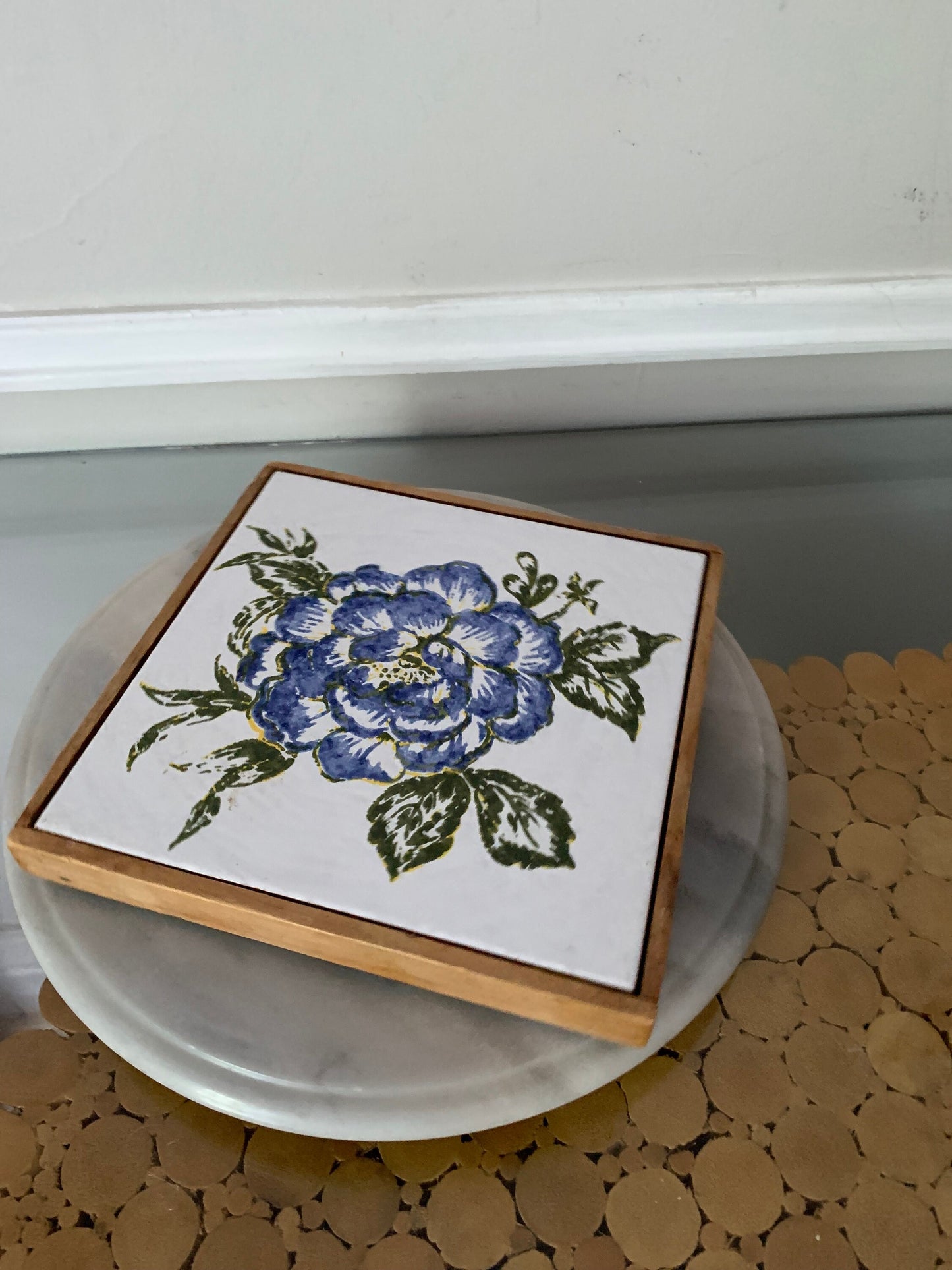 Vintage White Tile Trivet with Blue Flower with Wood Frame Made in Canada