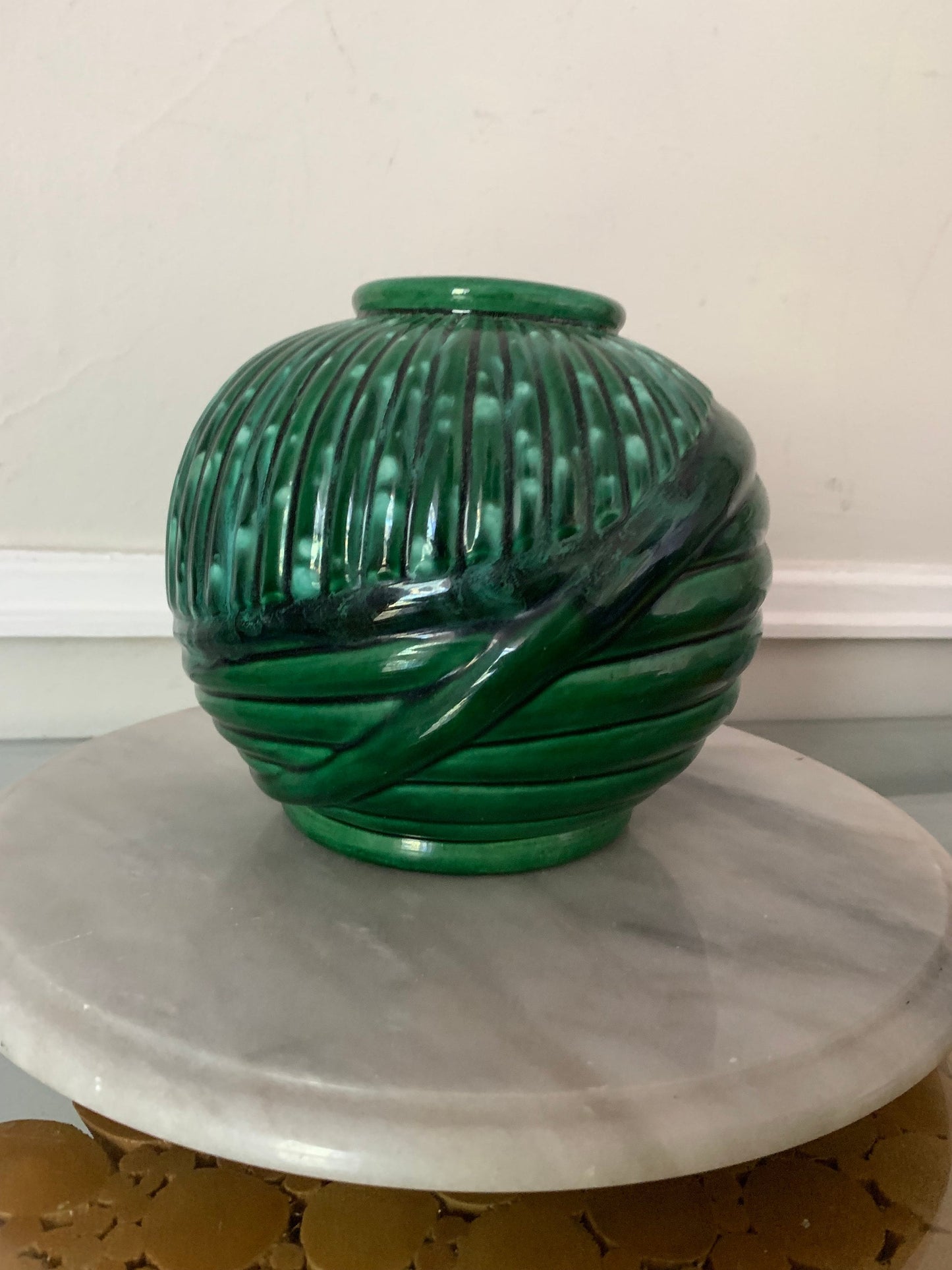 Vintage Green Textured Ceramic Chubby Vase