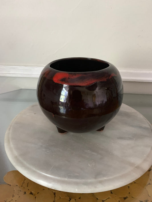 Vintage MCM Round Red Drip Glaze Pottery Planter