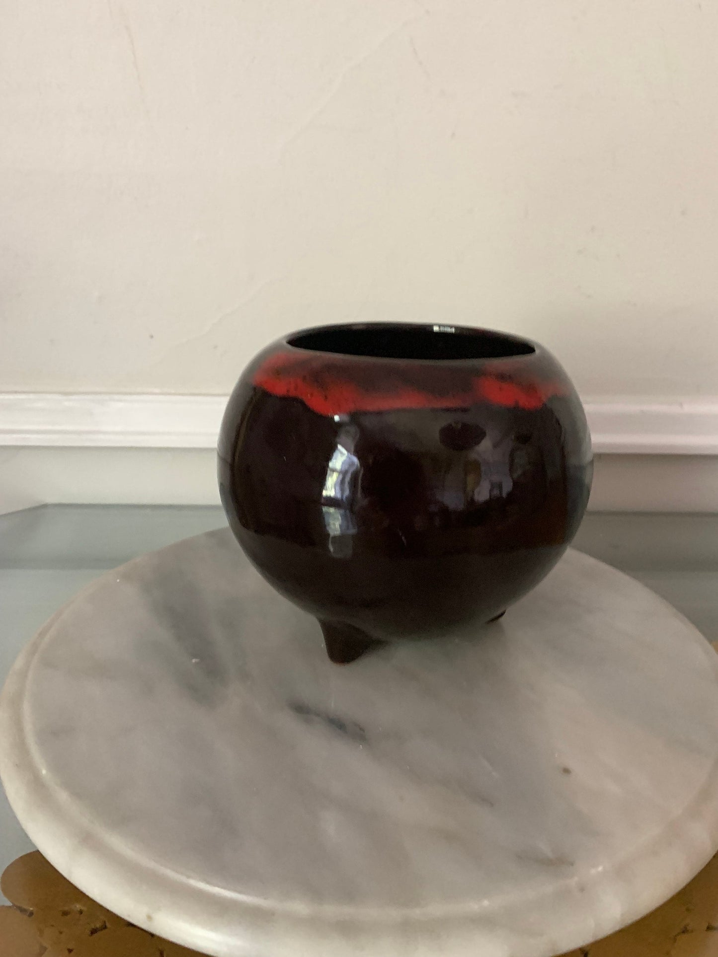 Vintage MCM Round Red Drip Glaze Pottery Planter