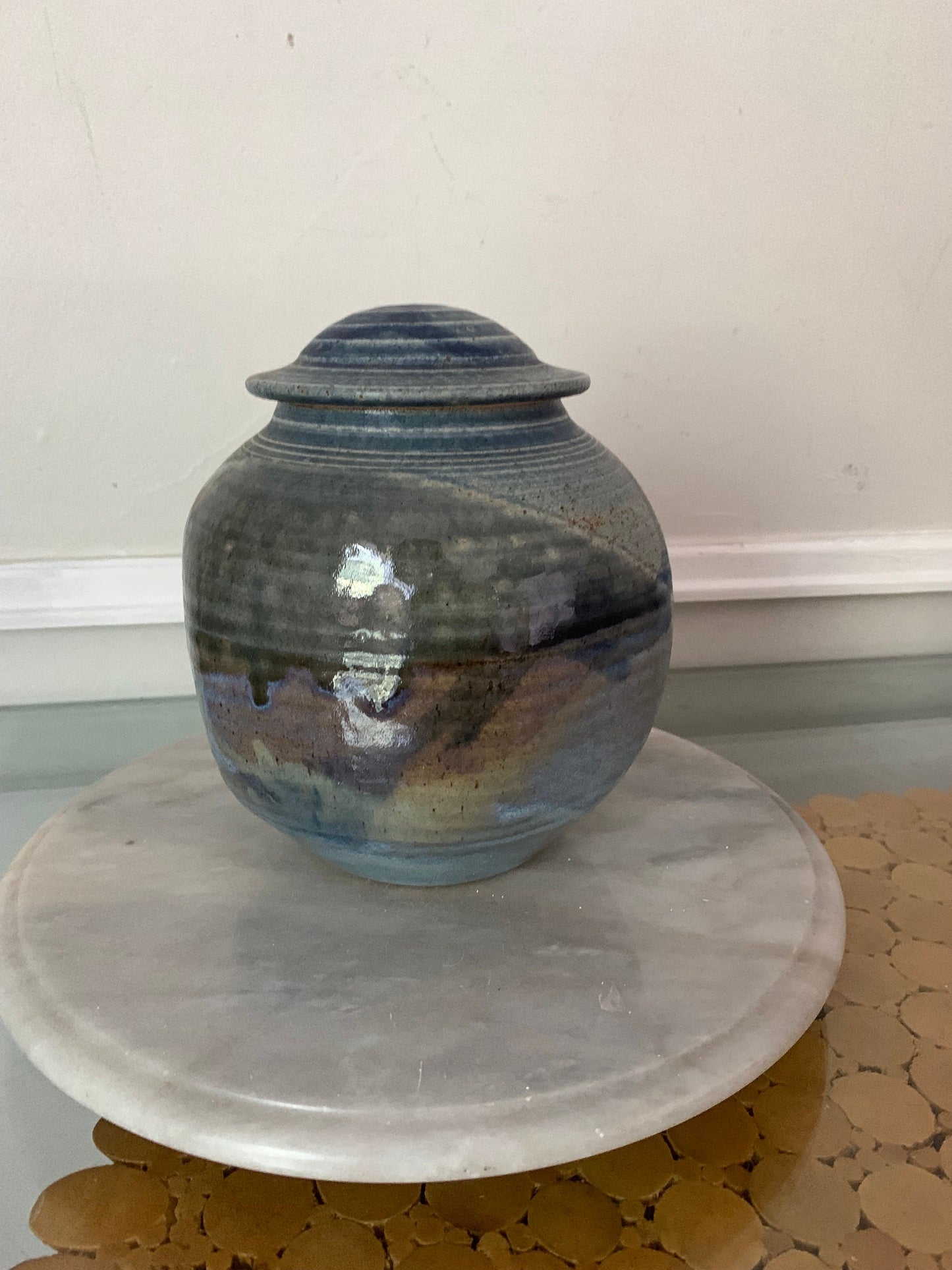 Retro Handmade Blue Pottery Container with Lid