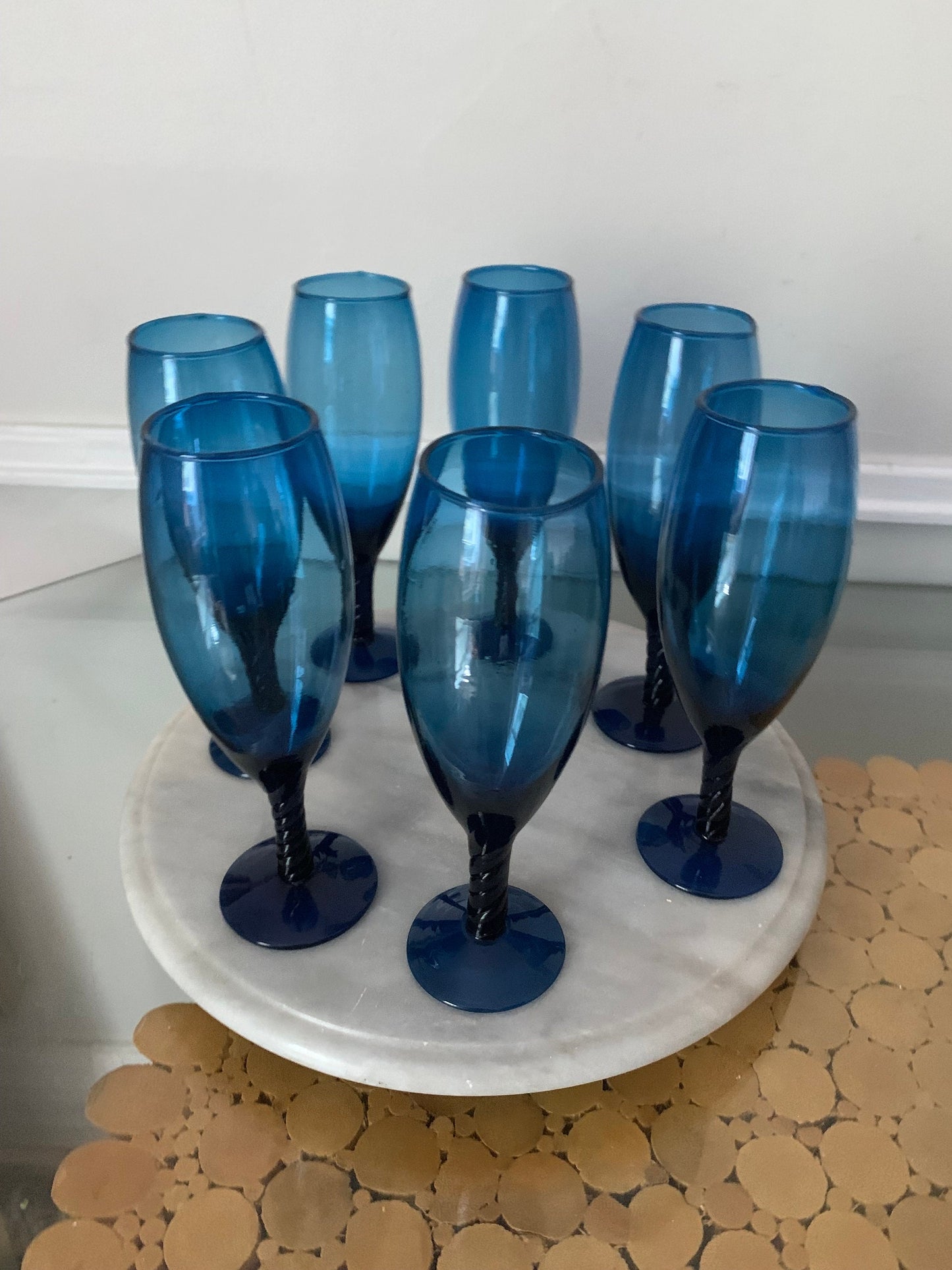 Set of 7 Retro Deep Sapphire Blue Cocktail Glasses