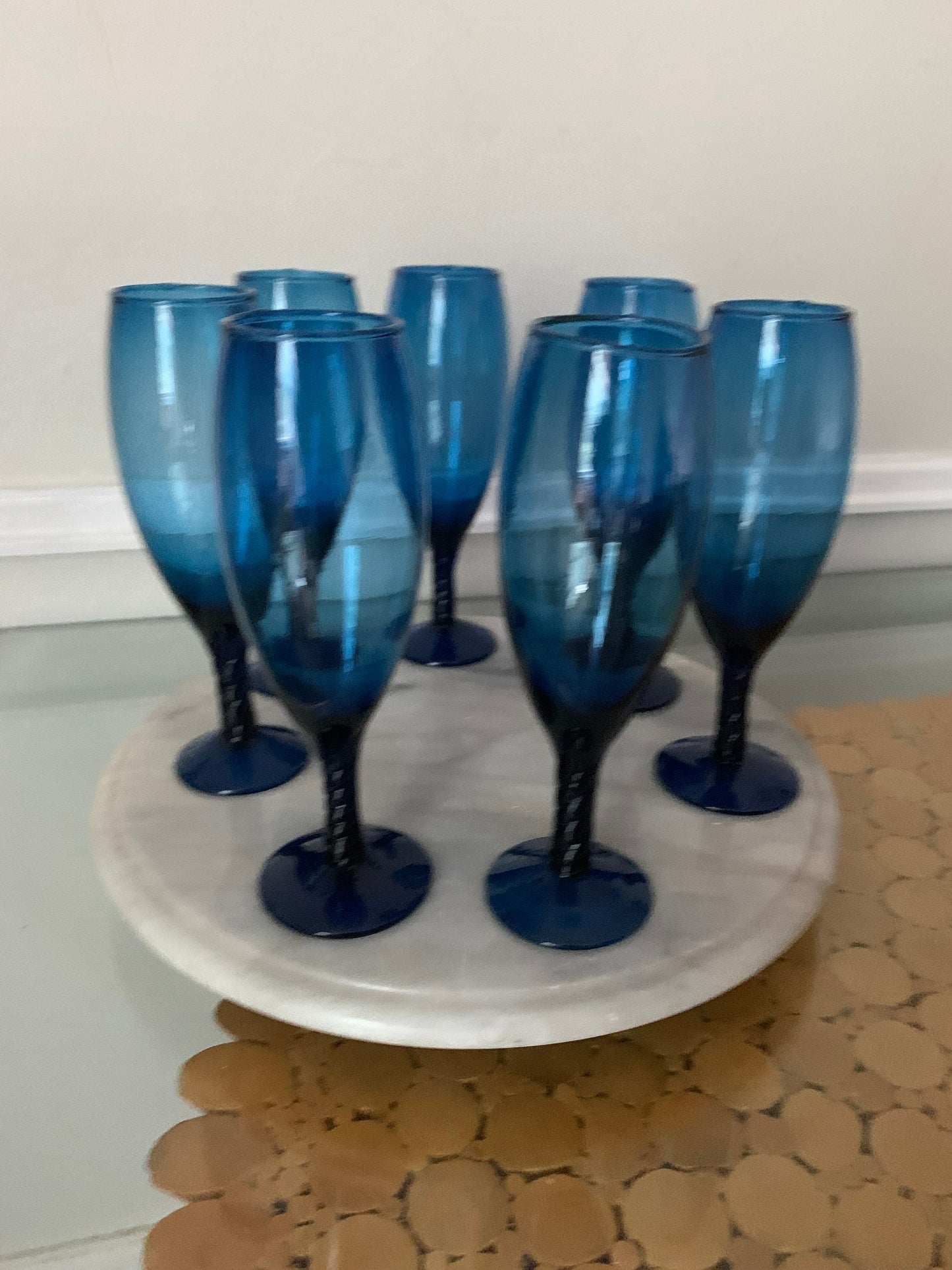 Set of 7 Retro Deep Sapphire Blue Cocktail Glasses