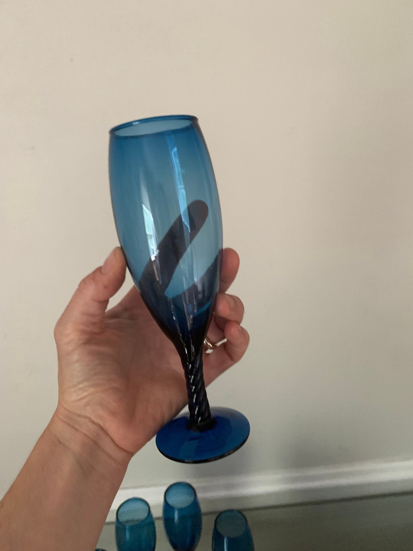 Set of 7 Retro Deep Sapphire Blue Cocktail Glasses