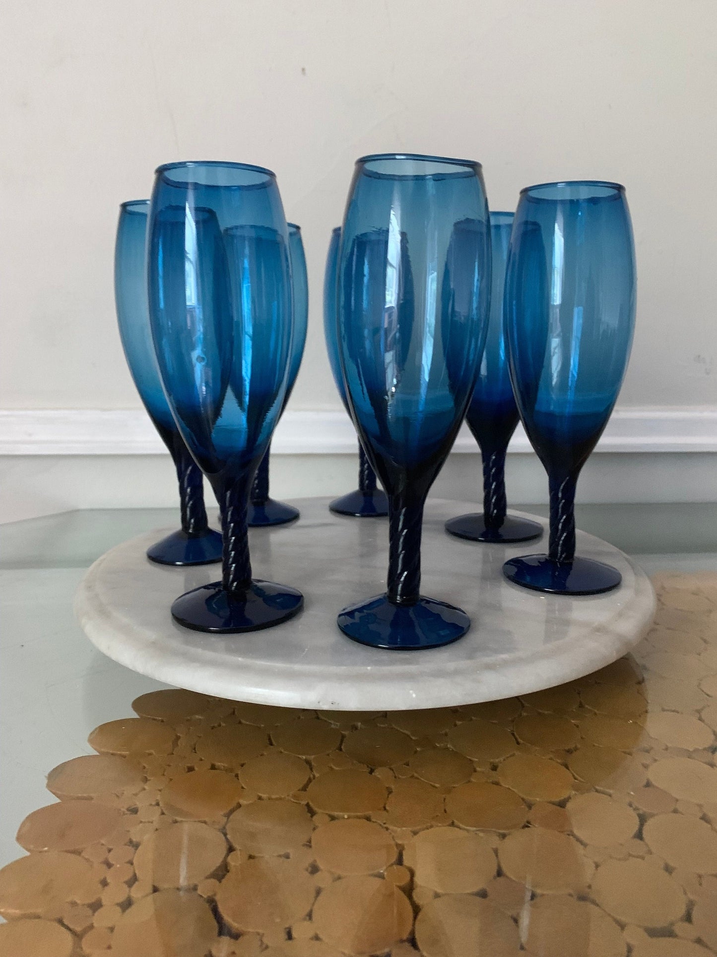 Set of 7 Retro Deep Sapphire Blue Cocktail Glasses